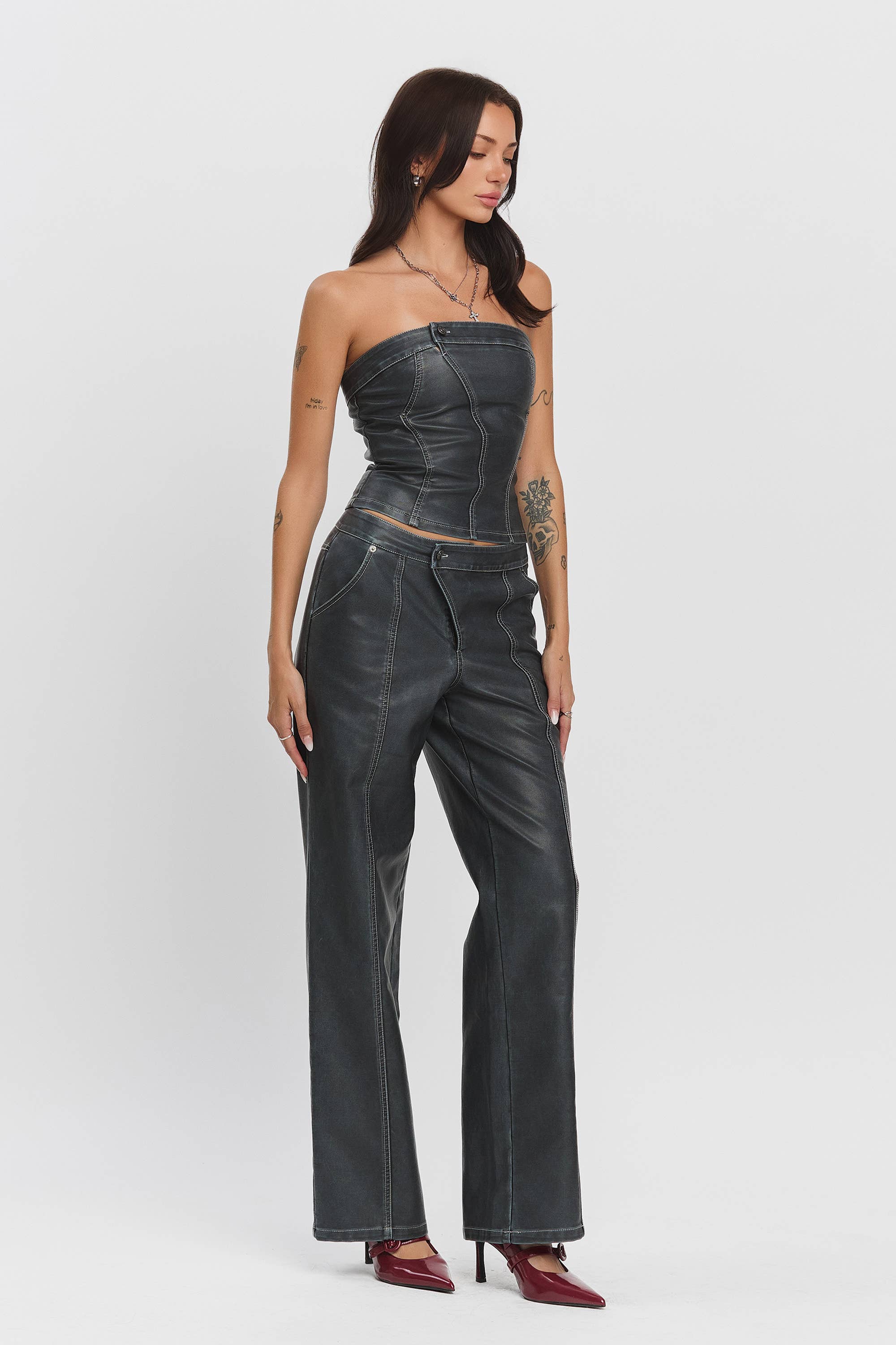 Namari Low rise pleather wide legged pants