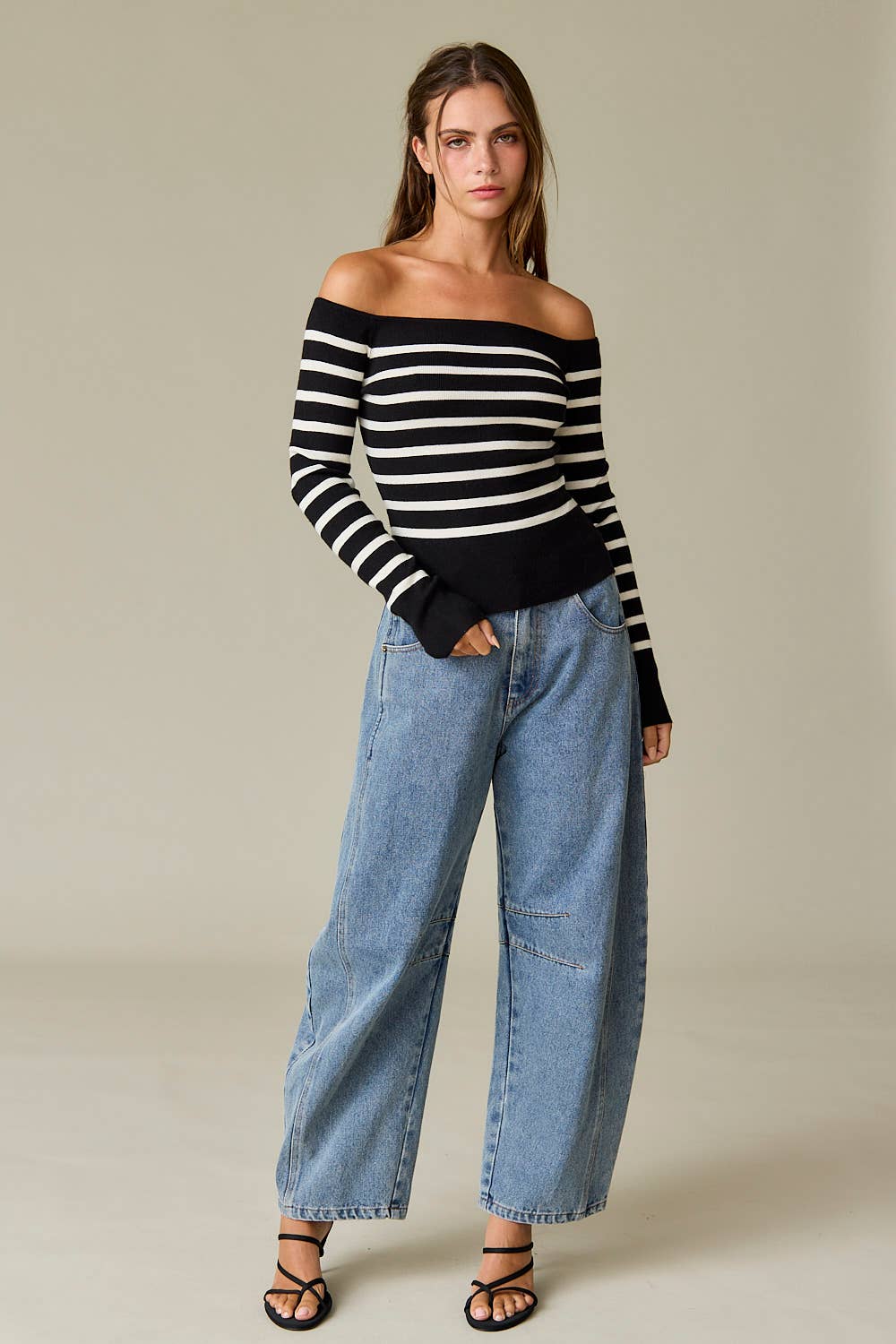 Bella Slim Fit Long Sleeve Striped Off the Shoulder