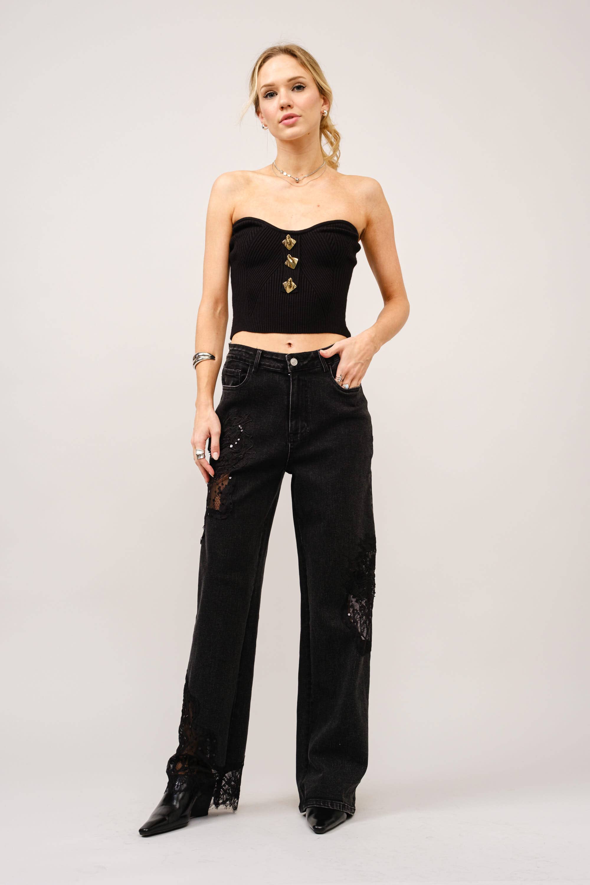 Lace Patchwork Straight Leg Jeans