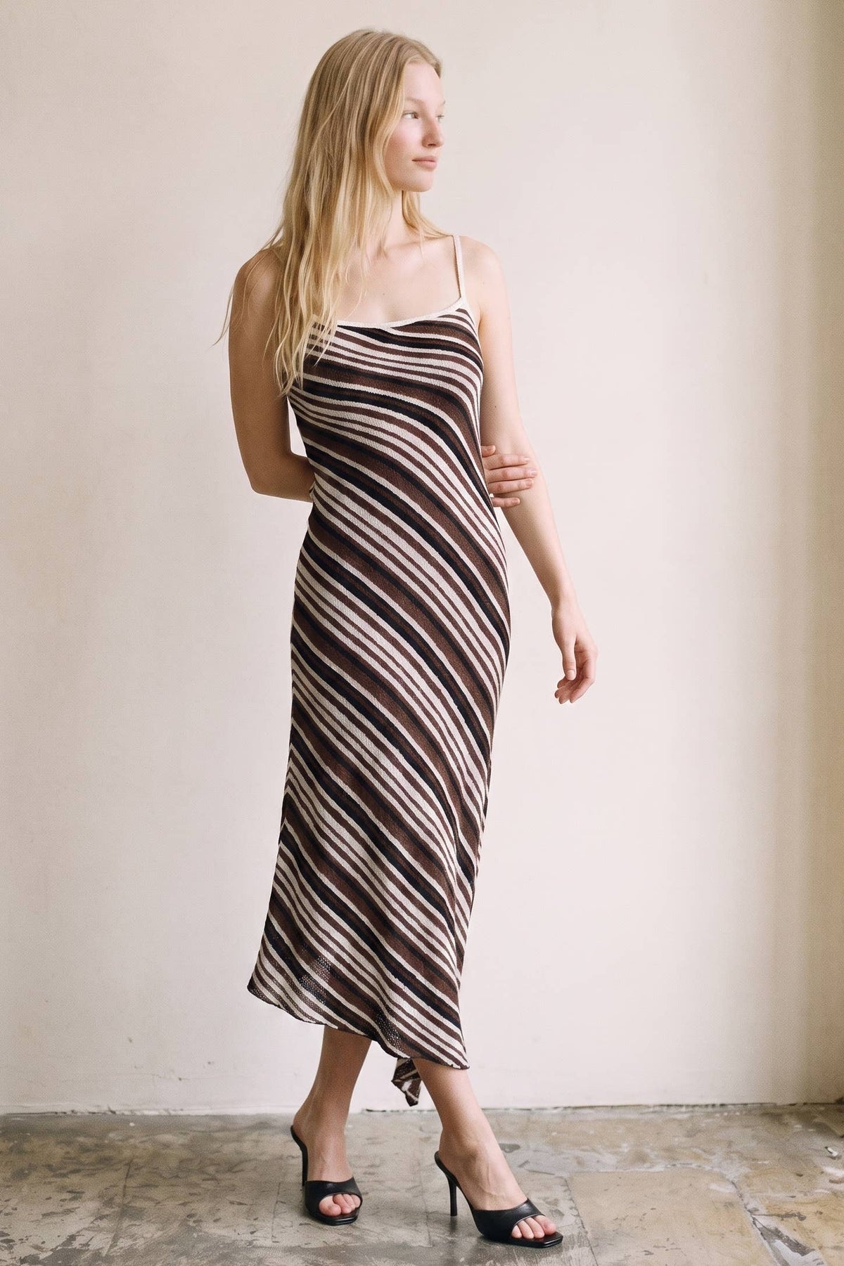 Arabella Diagonal Striped Asymmetric Hem Midi Dress