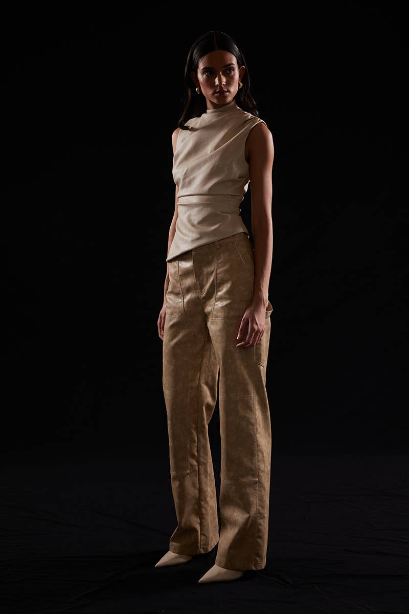ASYMMETRIC PLEATHER MOCK NECK SLEEVELESS TOP-TI6804FO