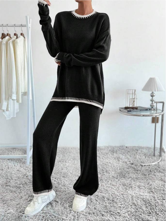 Two-piece of color-blocking sweater and trousers