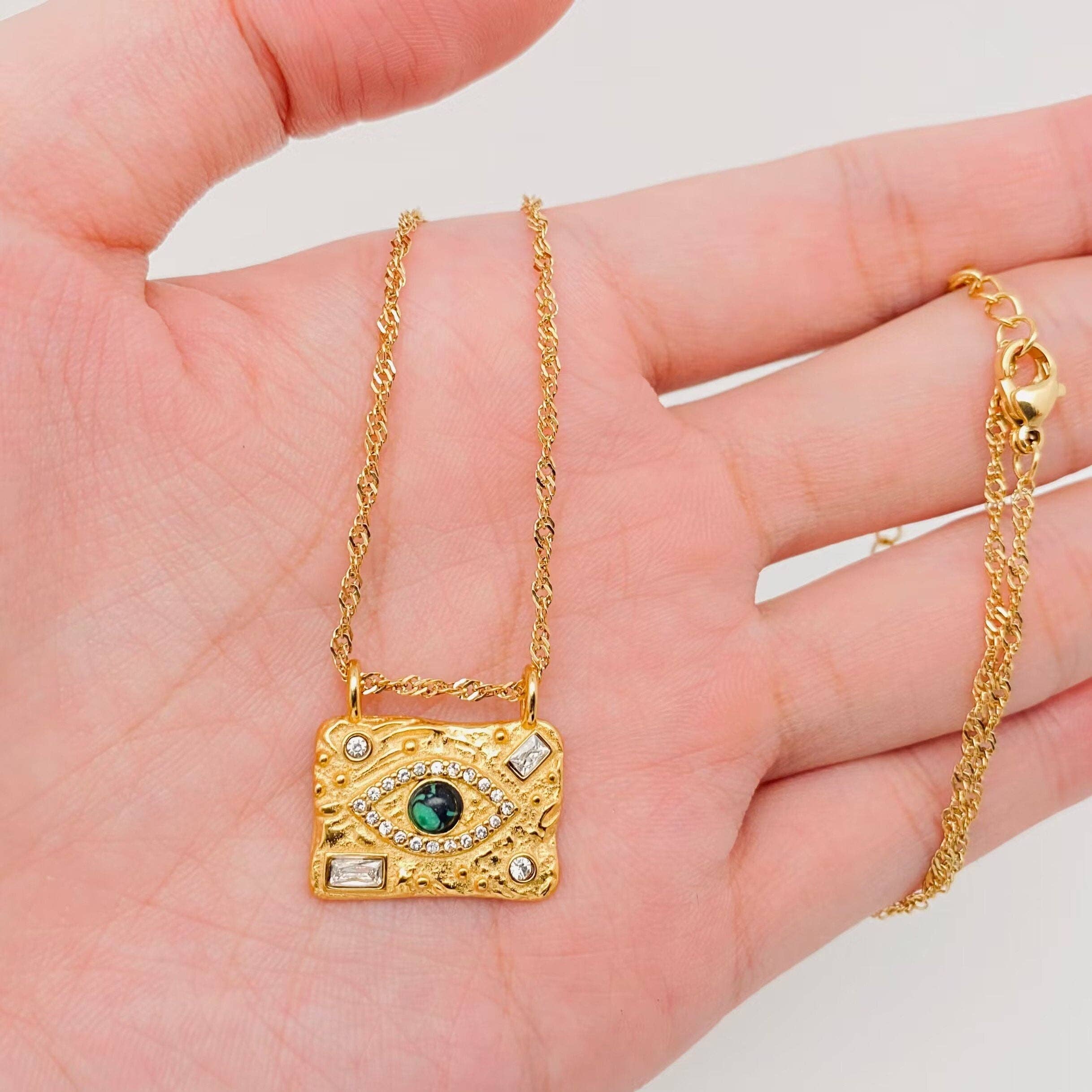 Square Evil Eye Gold Plated Stainless Steel Necklace - FGS