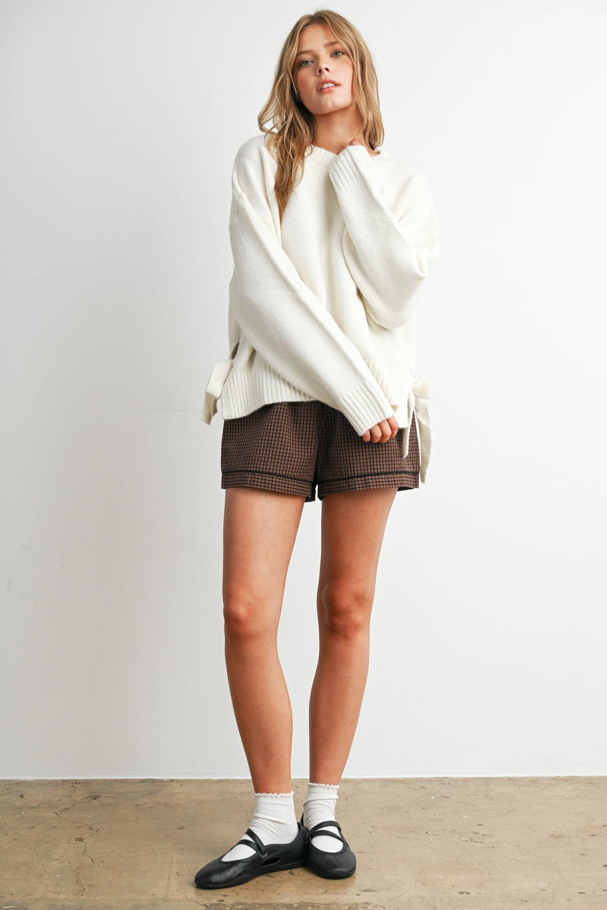 Cora Tie Split-Hem Crewneck Long Sleeve Top