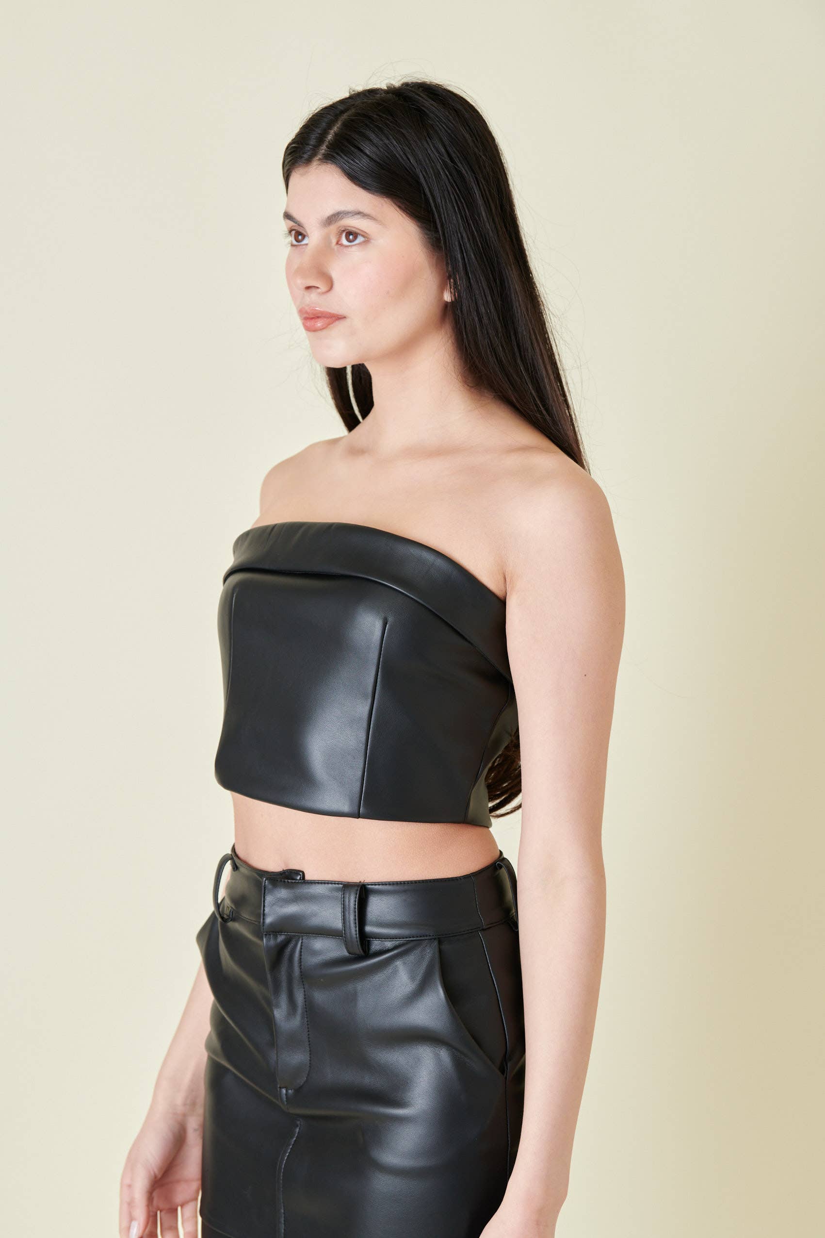 VEGAN LEATHER PLEATHER FOLD OVER TUBE CROP TOP