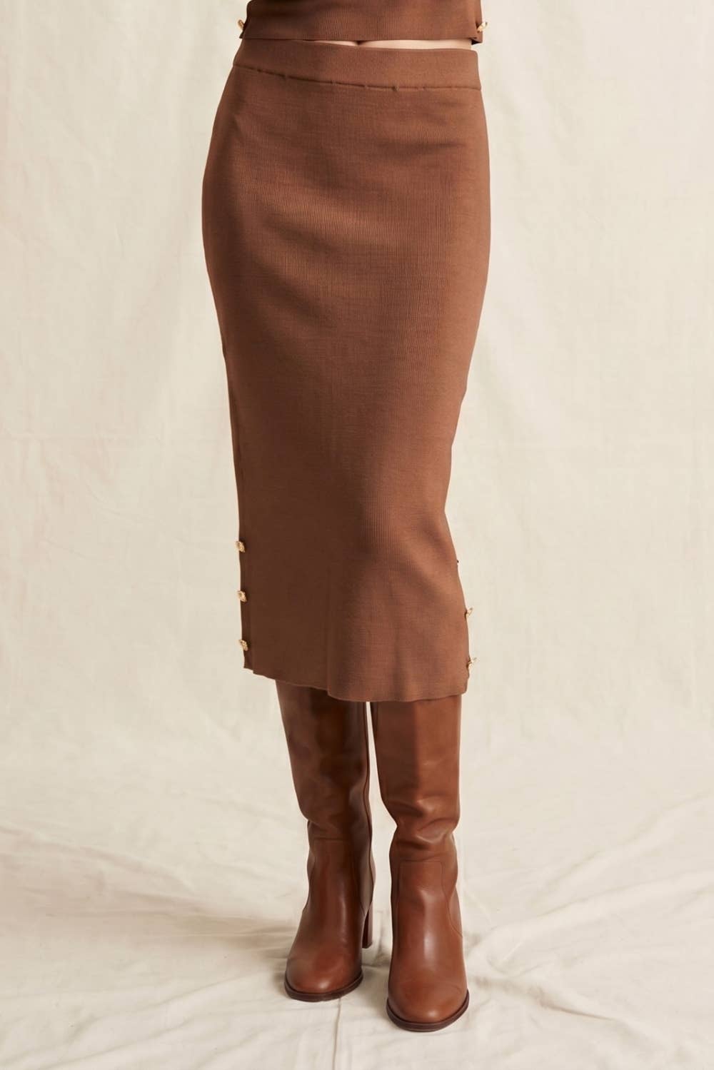 Ribbed Knit Midi Skirt with Side Gold Buttons