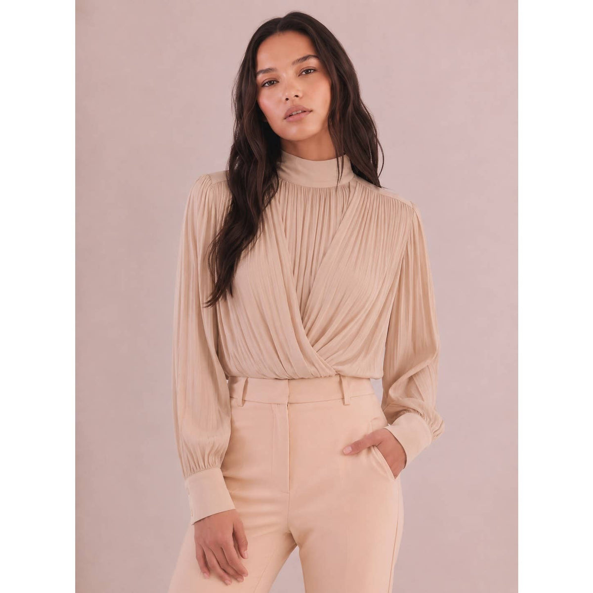 Maya CHIFFON DRAPPED RUCHED LONG SLEEVE HIGH NECK BLOUSE