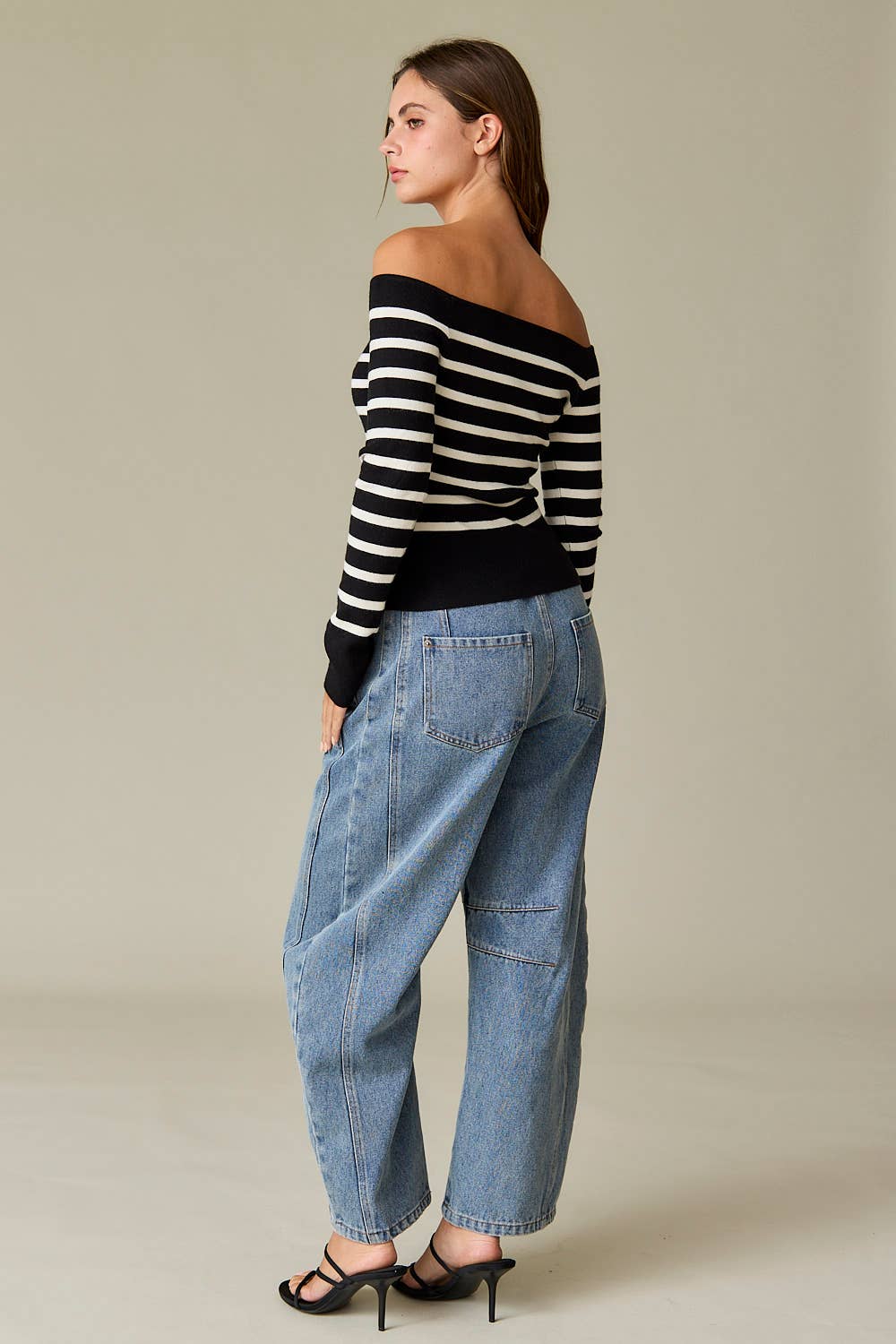 Bella Slim Fit Long Sleeve Striped Off the Shoulder