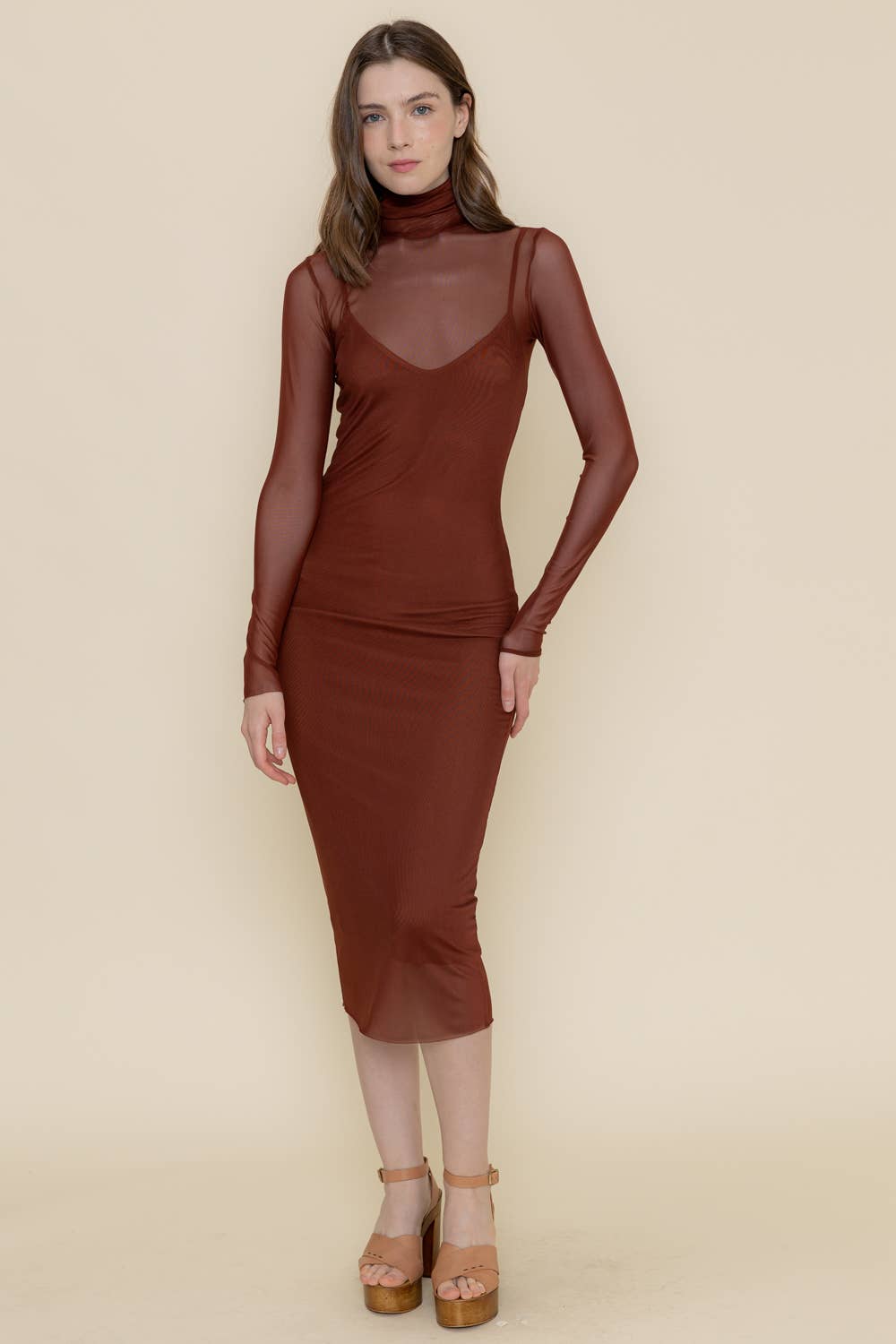 Heidi BODYCON MOCK NECK MESH LONG SLEEVE MIDI DRESS