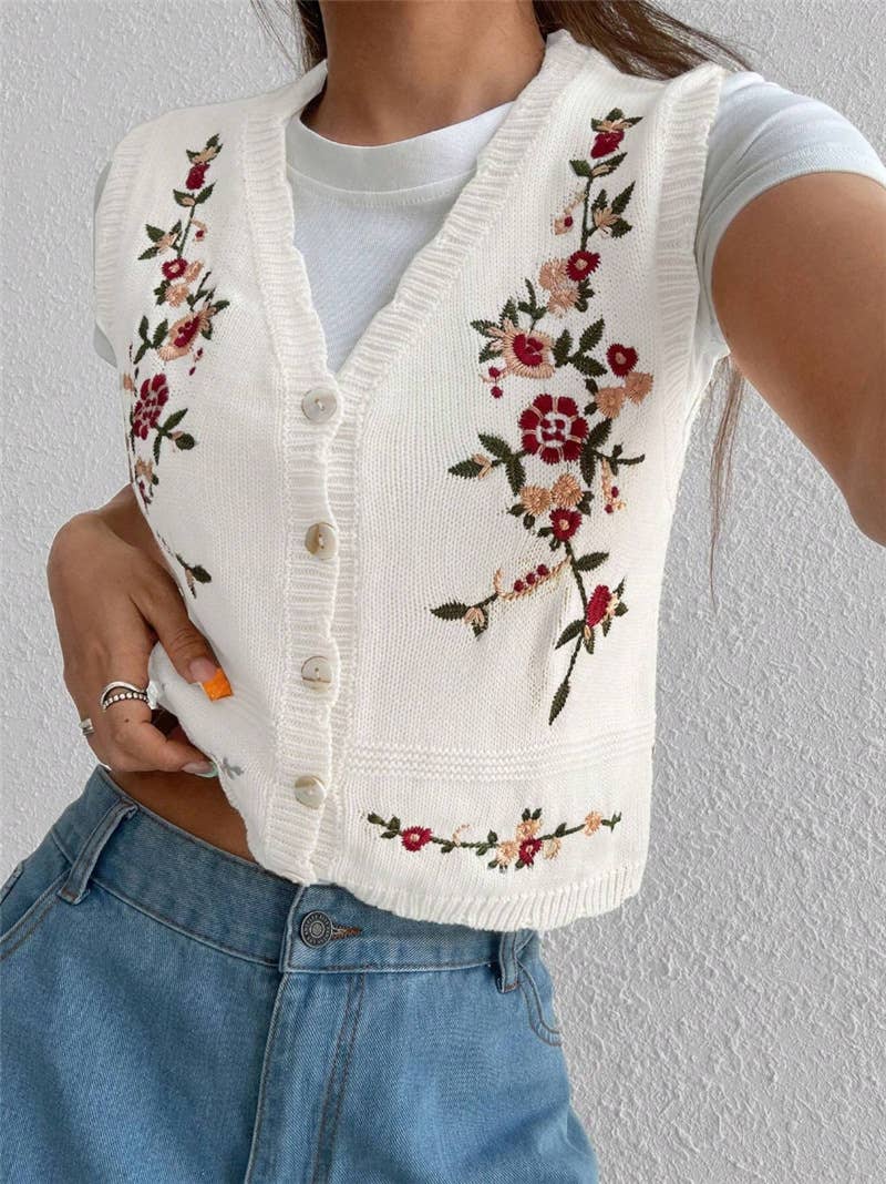 Vintage Floral Embroidered Button-Up Knit Vest