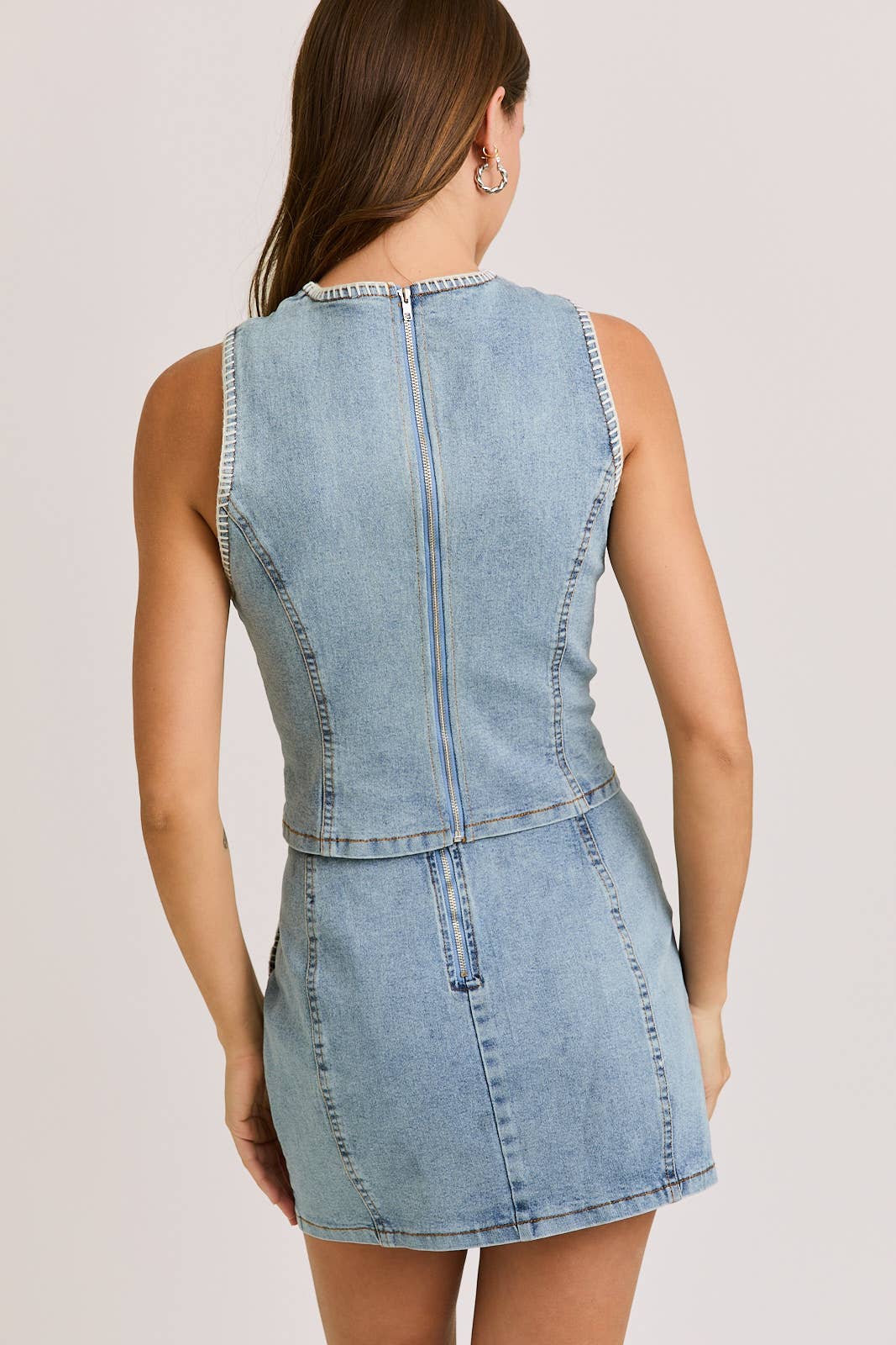 STITCH DETAIL DENIM TOP WITH LOW WAIST DENIM SKIRT