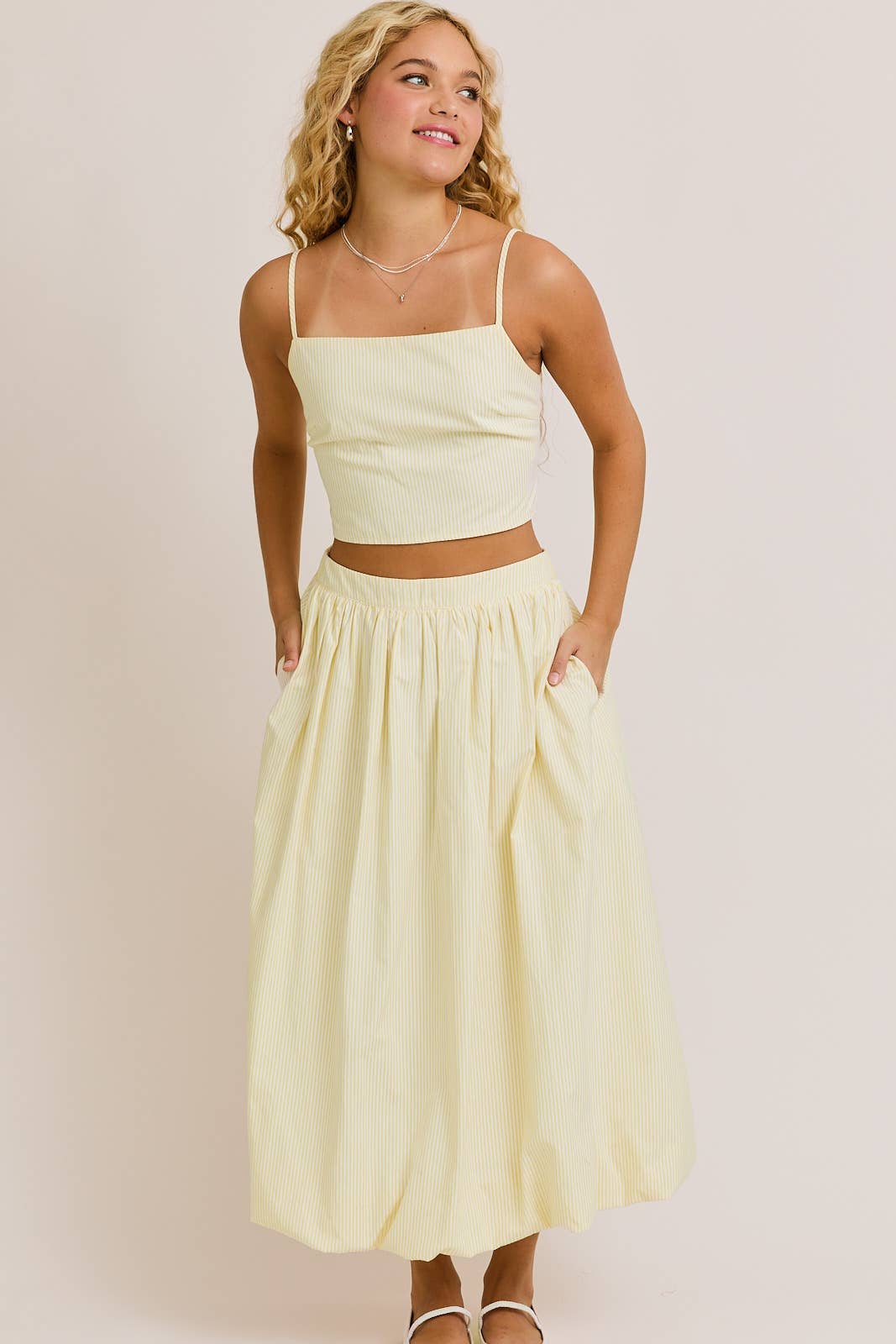SPAGHETTI TOP WITH BUBBLE HEM MIDI SKIRT