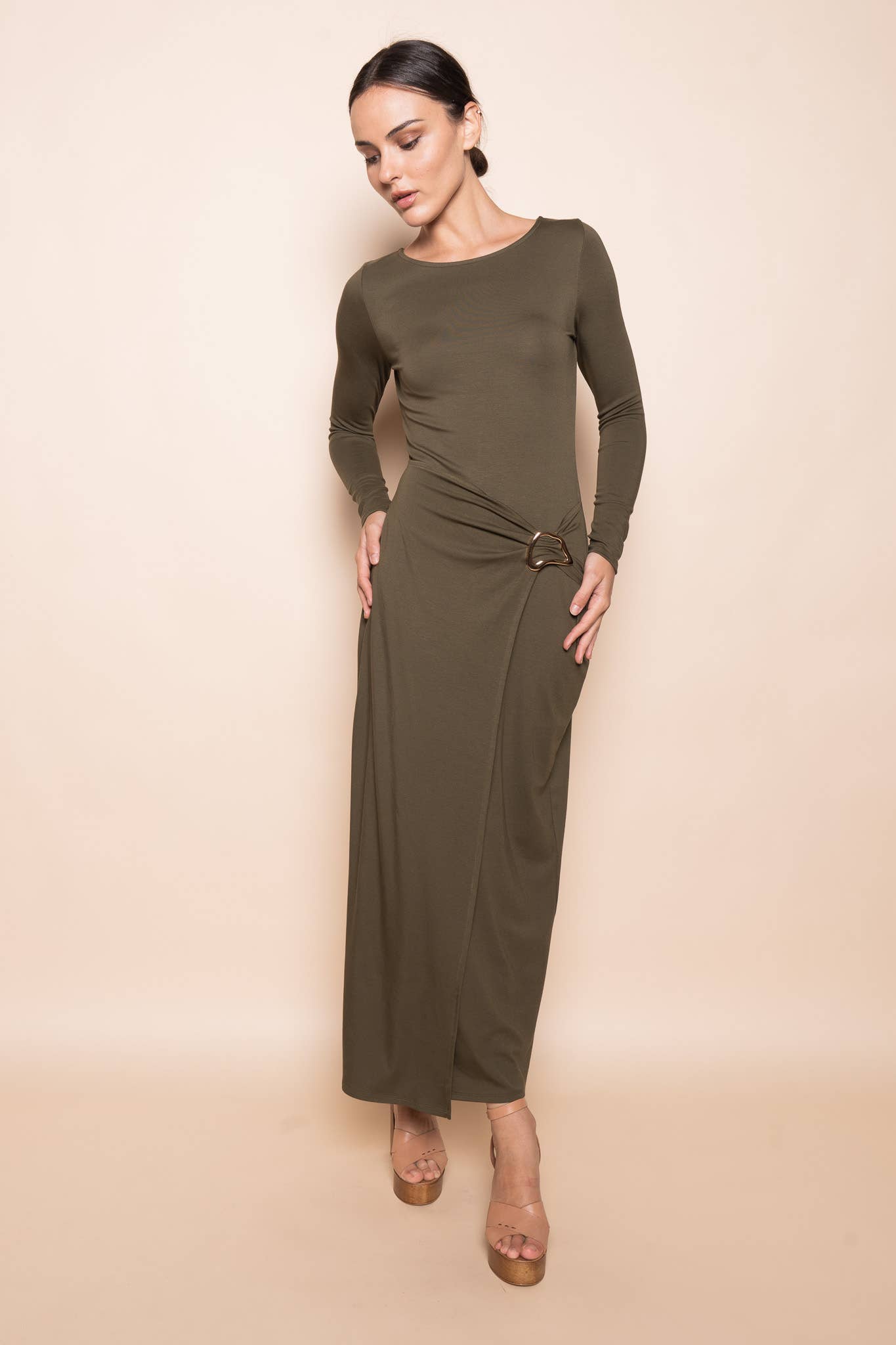 CHIC WRAP PANEL BUCKLE LONG SLEEVE MAXI DRESS-DD10840FO