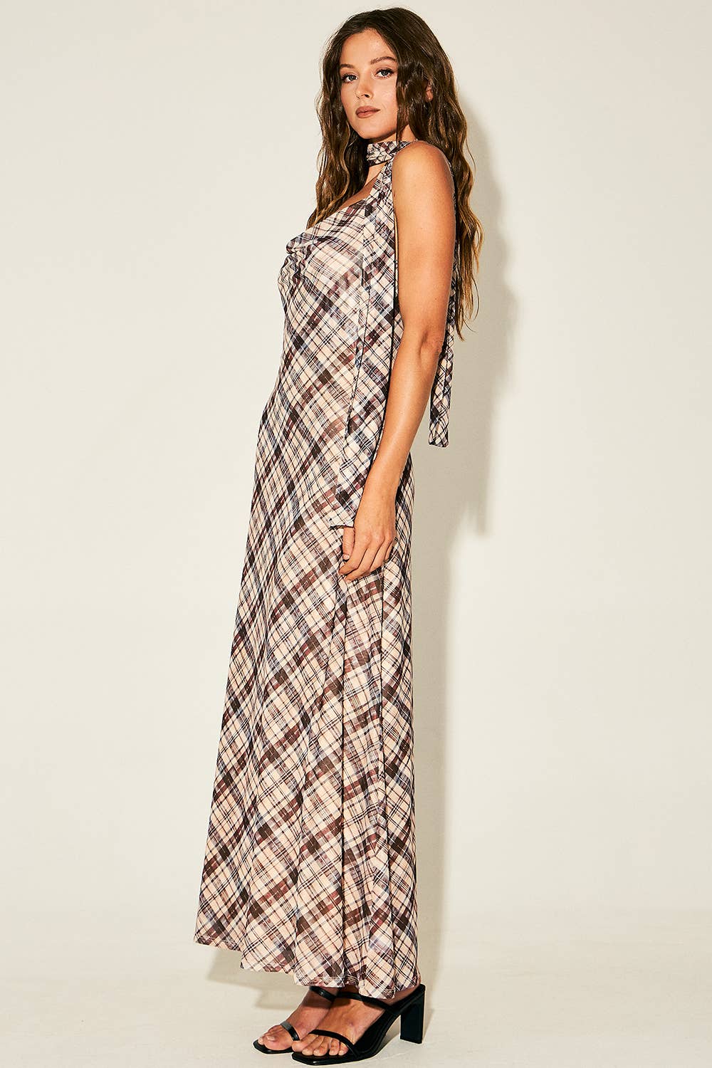 Rya Plaid Halter Neck Open Back Maxi Dress with Scarf