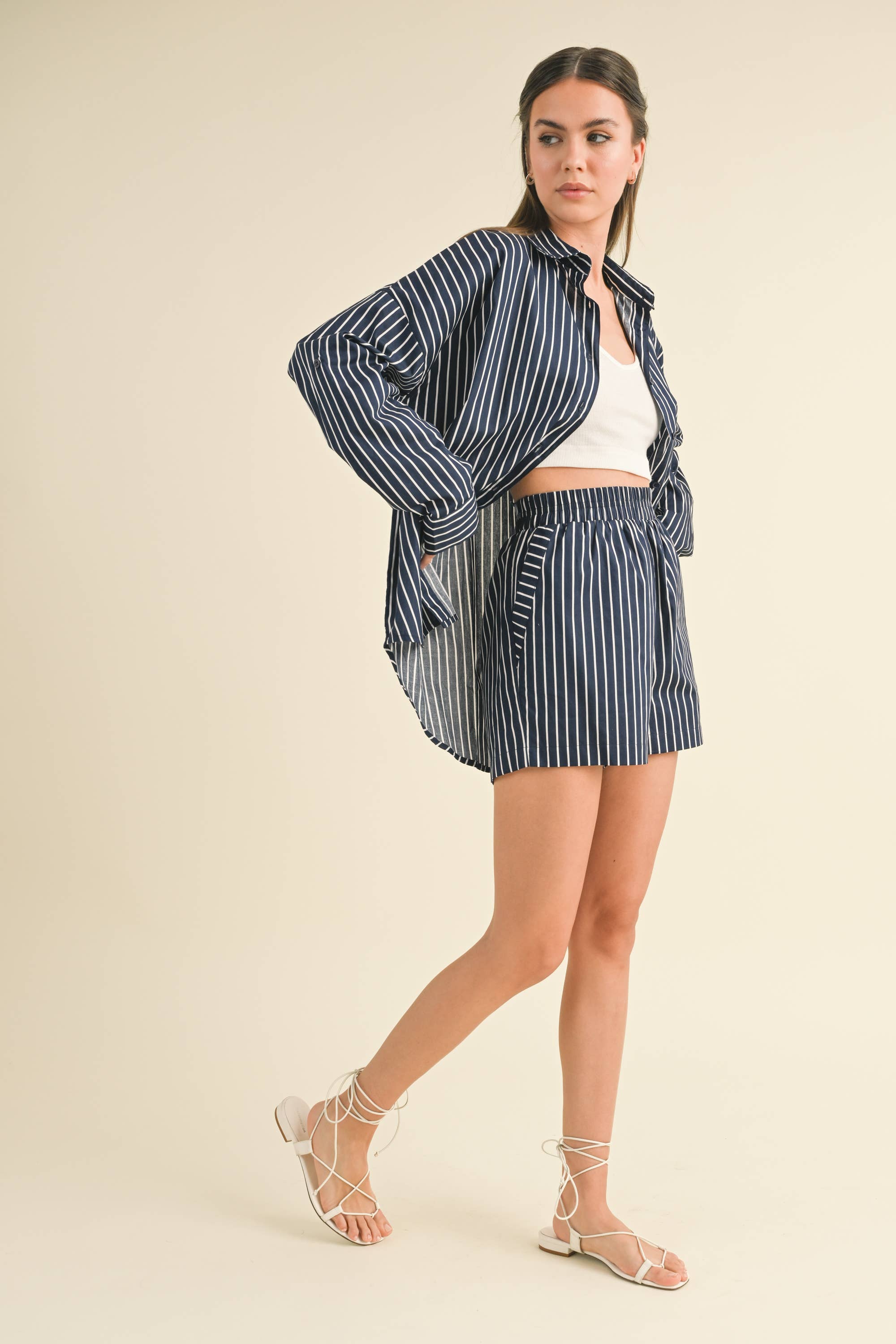 Charlie STRIPED BUTTON DOWN LONG SLEEVE AND SHORTS SET