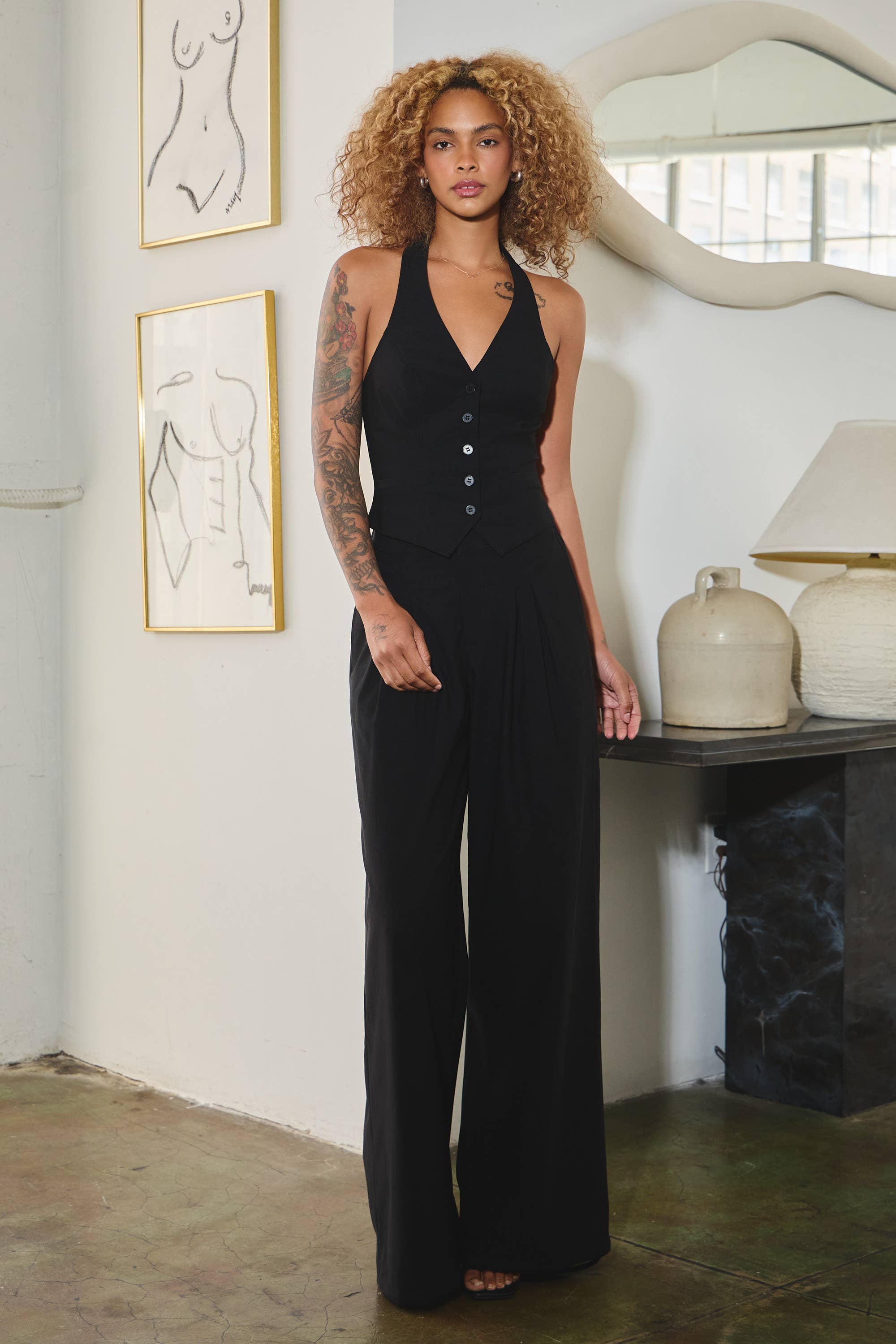 Nemi Stretchy woven pin-tuck wide legged pants