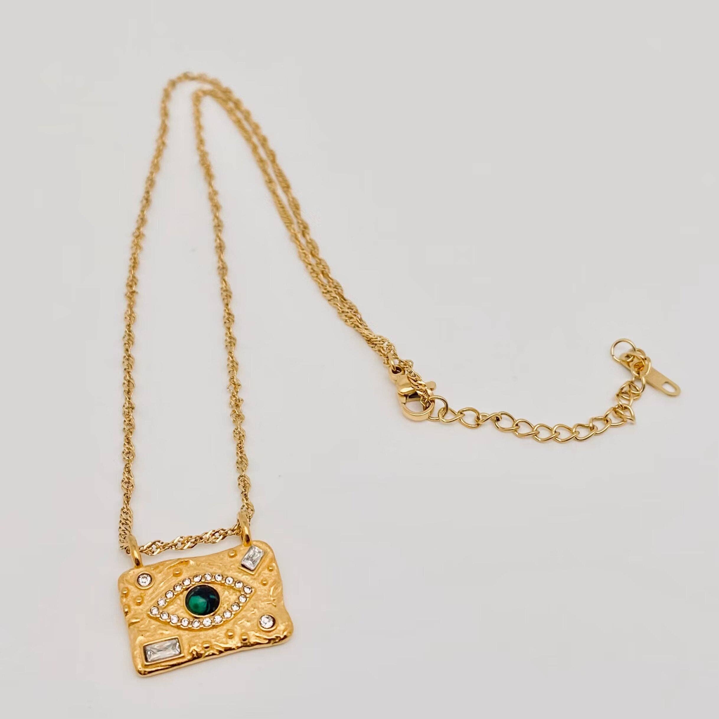 Square Evil Eye Gold Plated Stainless Steel Necklace - FGS