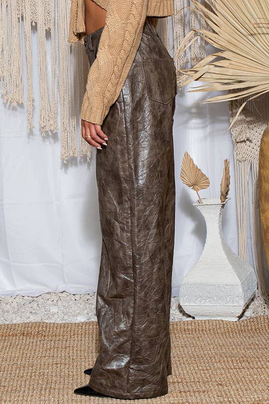 Crinkled Vintage Effect Vegan Leather Pants