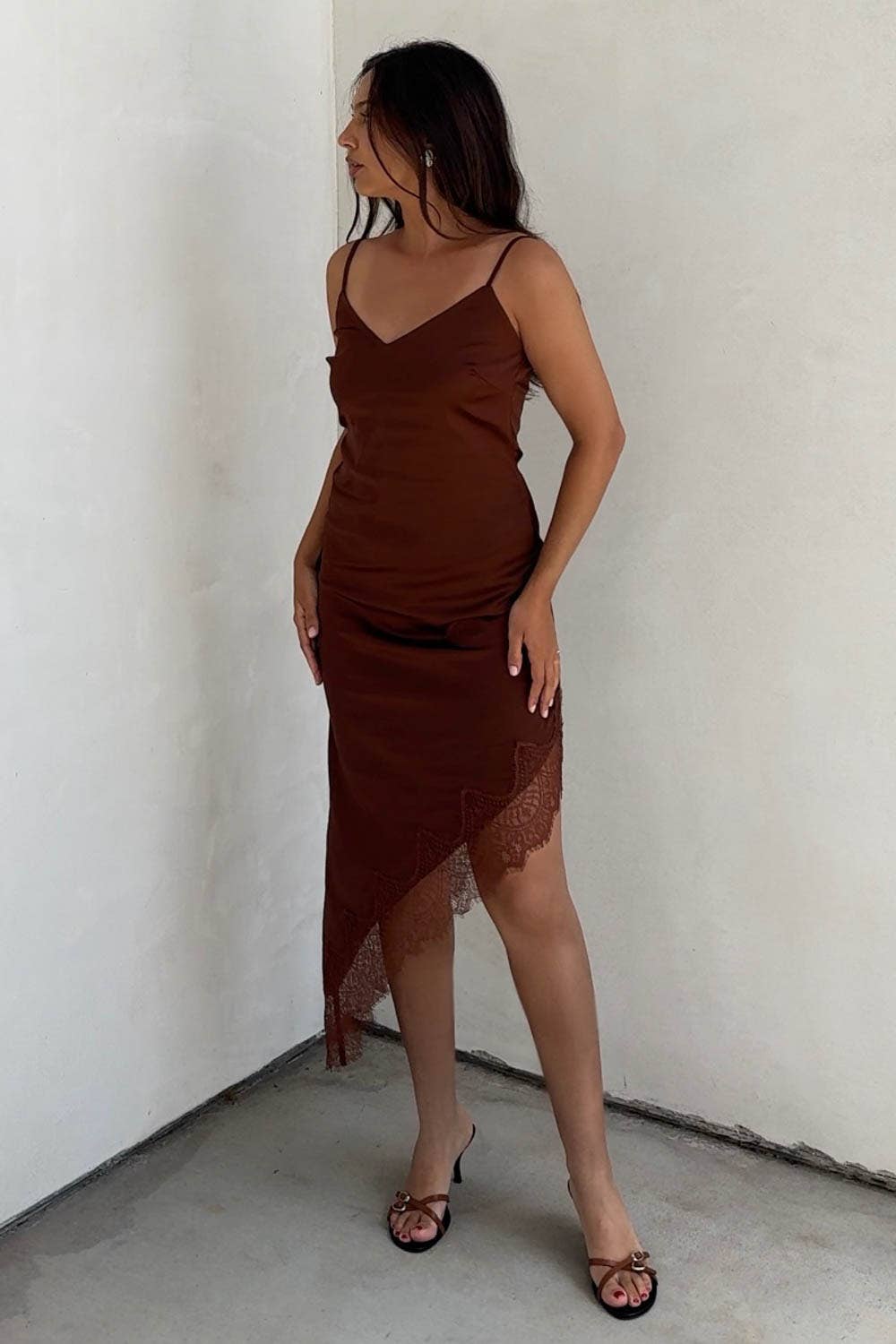 Kaelie Satin Asymmetrical Hem Lace Dress