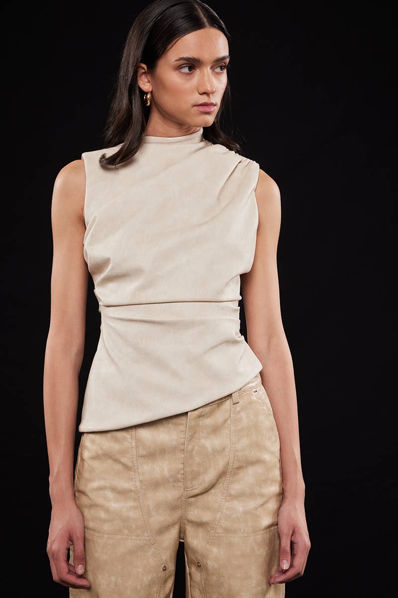 ASYMMETRIC PLEATHER MOCK NECK SLEEVELESS TOP-TI6804FO