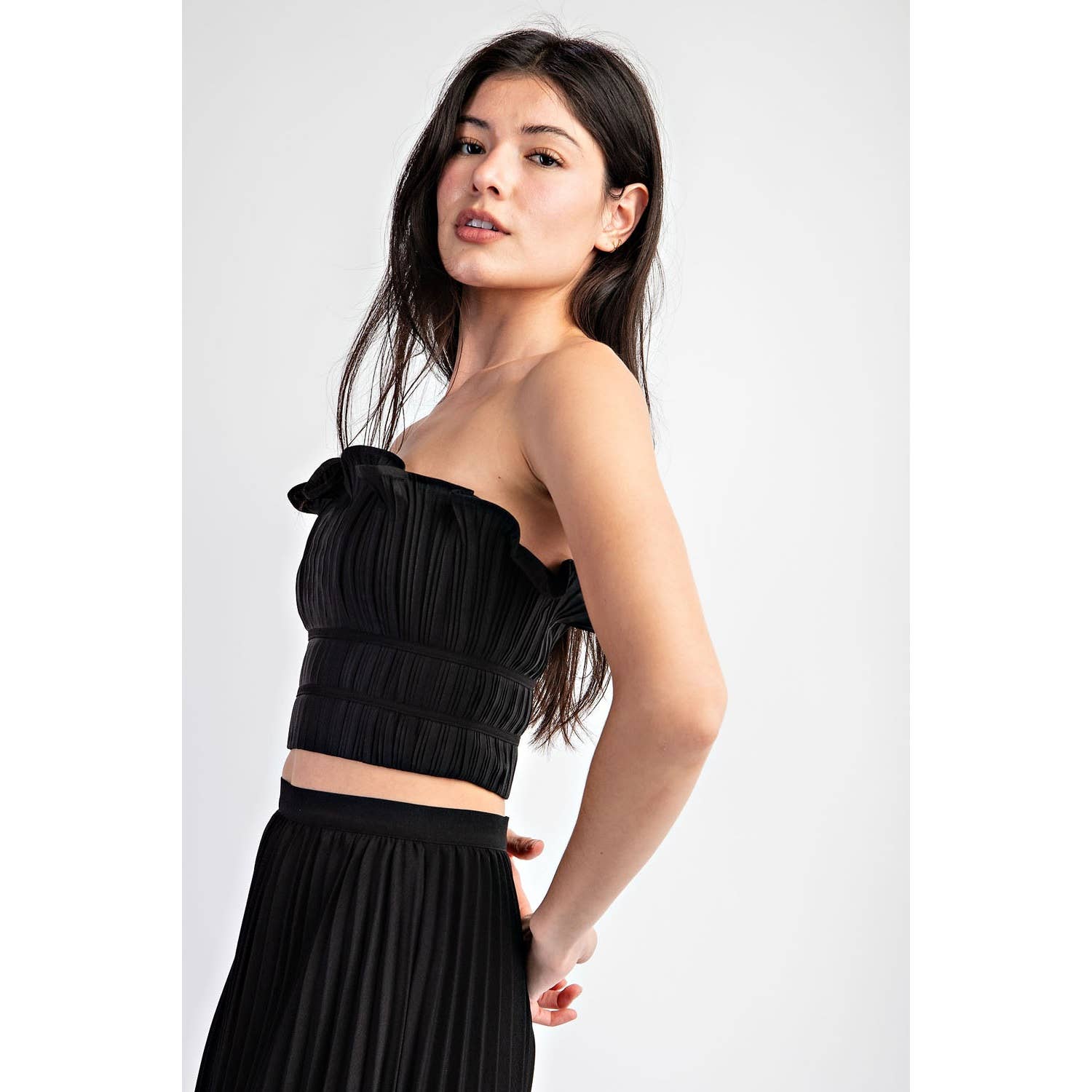 Luna PLEATED SATIN TUBE TOP WITH FRILLED NECKLINE