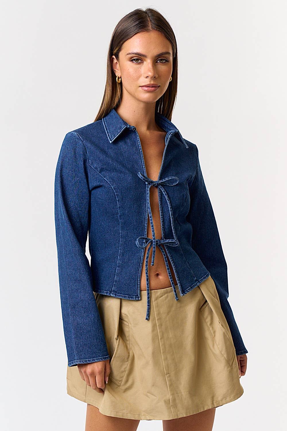 Lyra DENIM FRONT TIE COLLARED LONG SLEEVE TOP