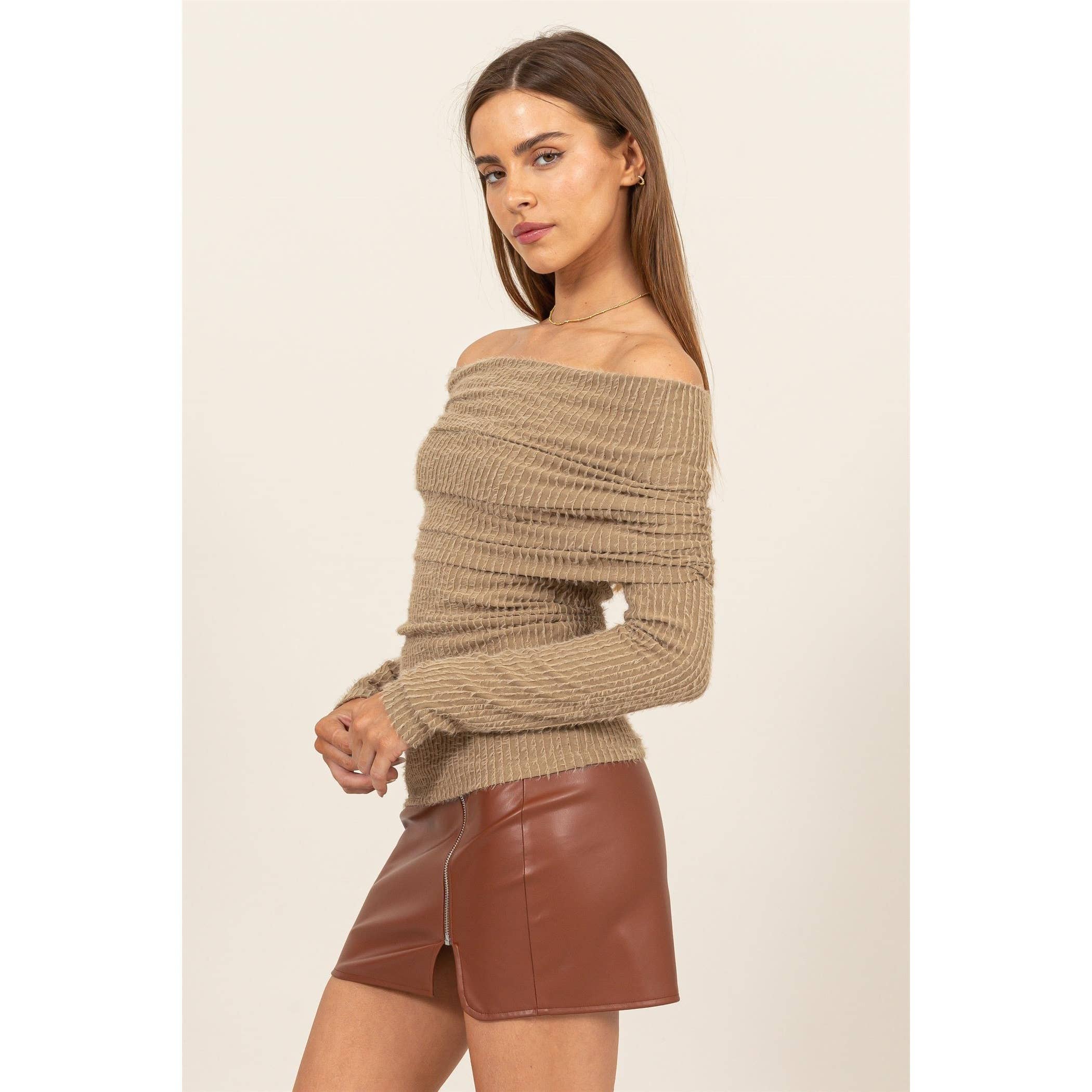 FUZZY OFF-THE-SHOULDER TEXTURED SWEATER