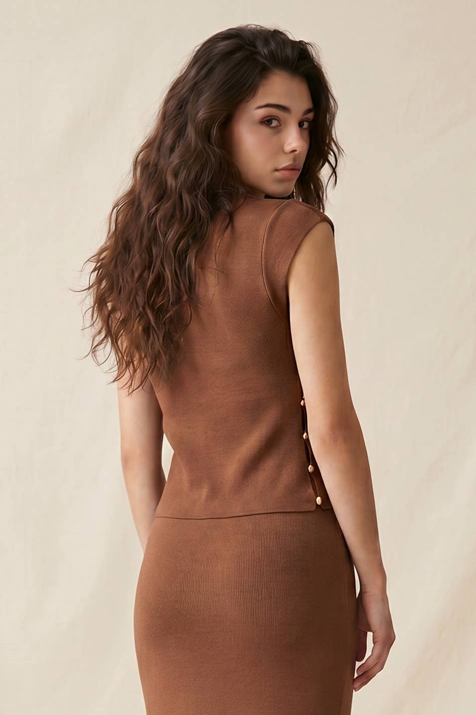 Ribbed Knit Sleeveless Top with Side Gold Buttons