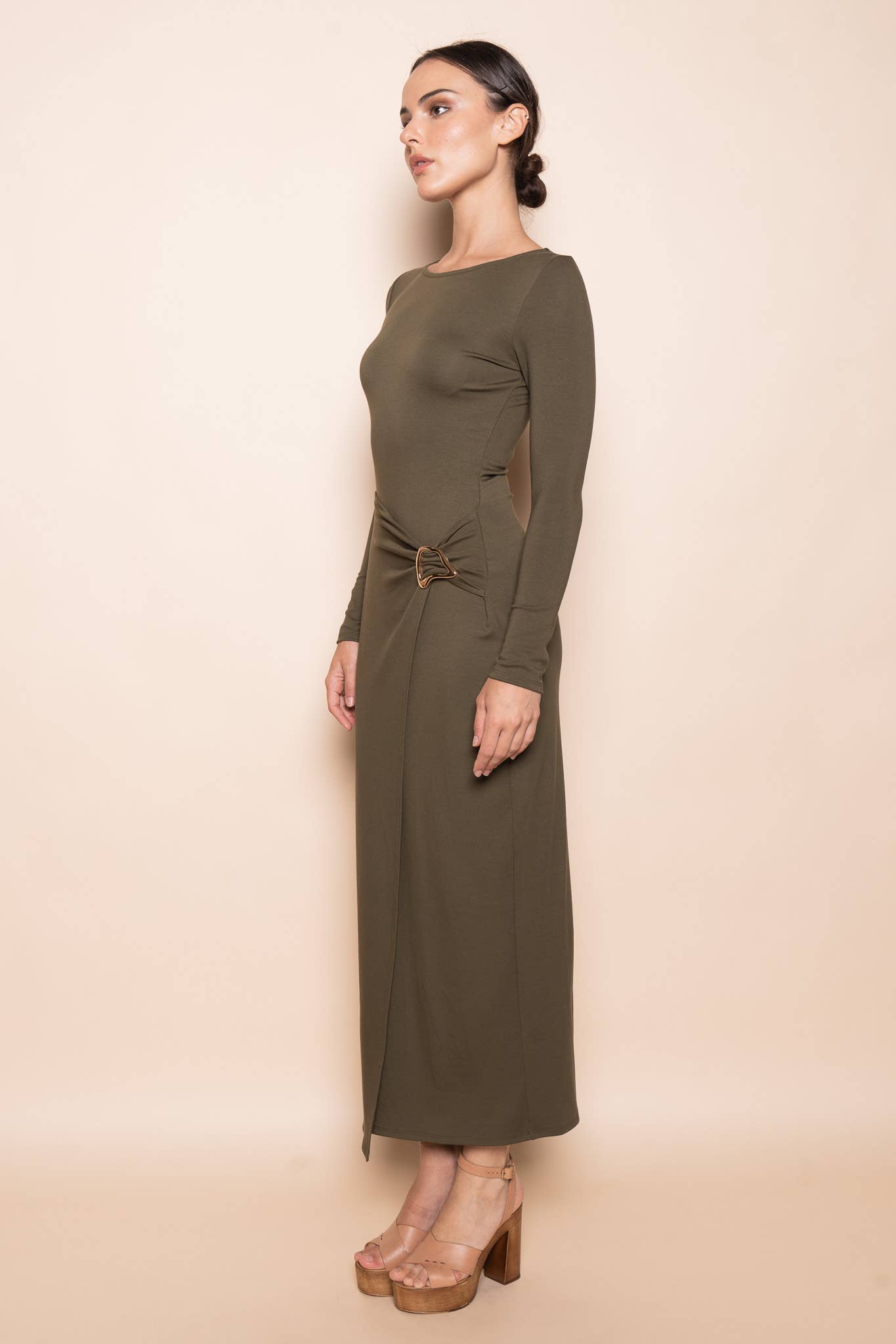 CHIC WRAP PANEL BUCKLE LONG SLEEVE MAXI DRESS-DD10840FO