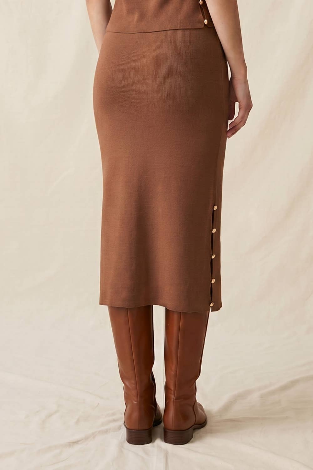 Ribbed Knit Midi Skirt with Side Gold Buttons