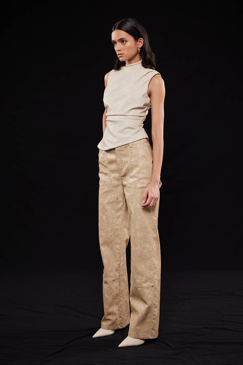 ASYMMETRIC PLEATHER MOCK NECK SLEEVELESS TOP-TI6804FO