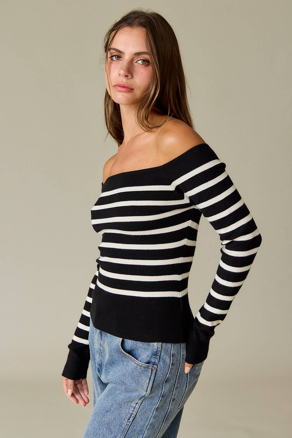 Bella Slim Fit Long Sleeve Striped Off the Shoulder