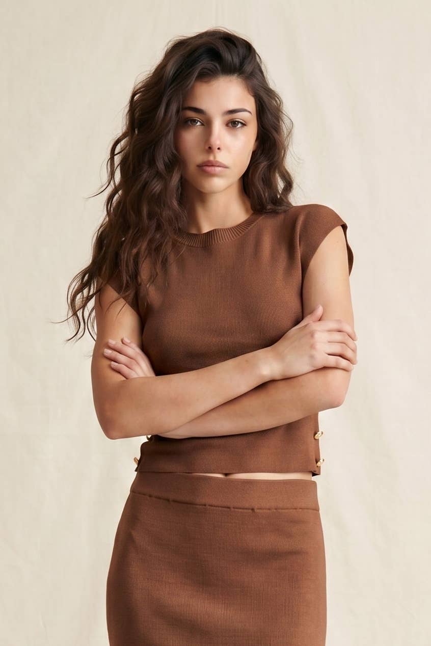 Ribbed Knit Sleeveless Top with Side Gold Buttons