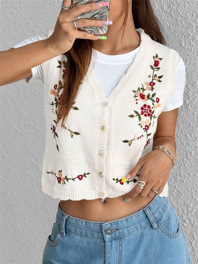 Vintage Floral Embroidered Button-Up Knit Vest