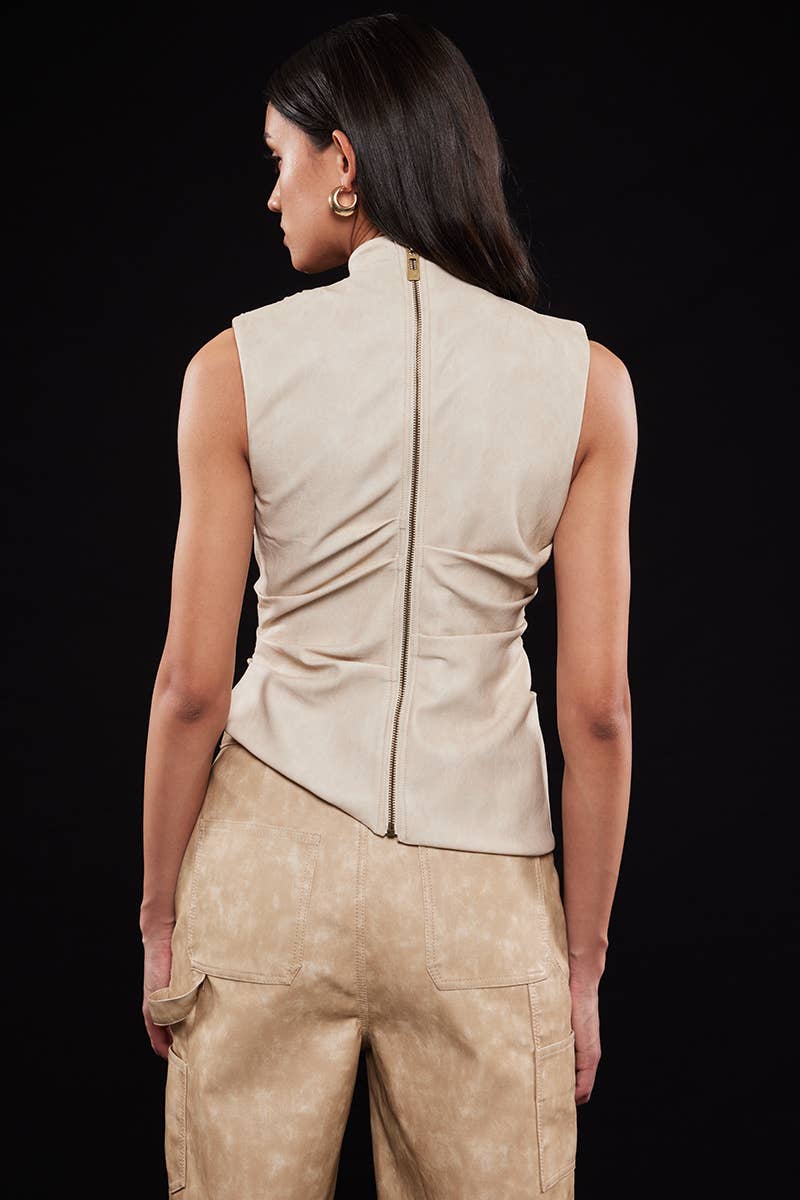 ASYMMETRIC PLEATHER MOCK NECK SLEEVELESS TOP-TI6804FO