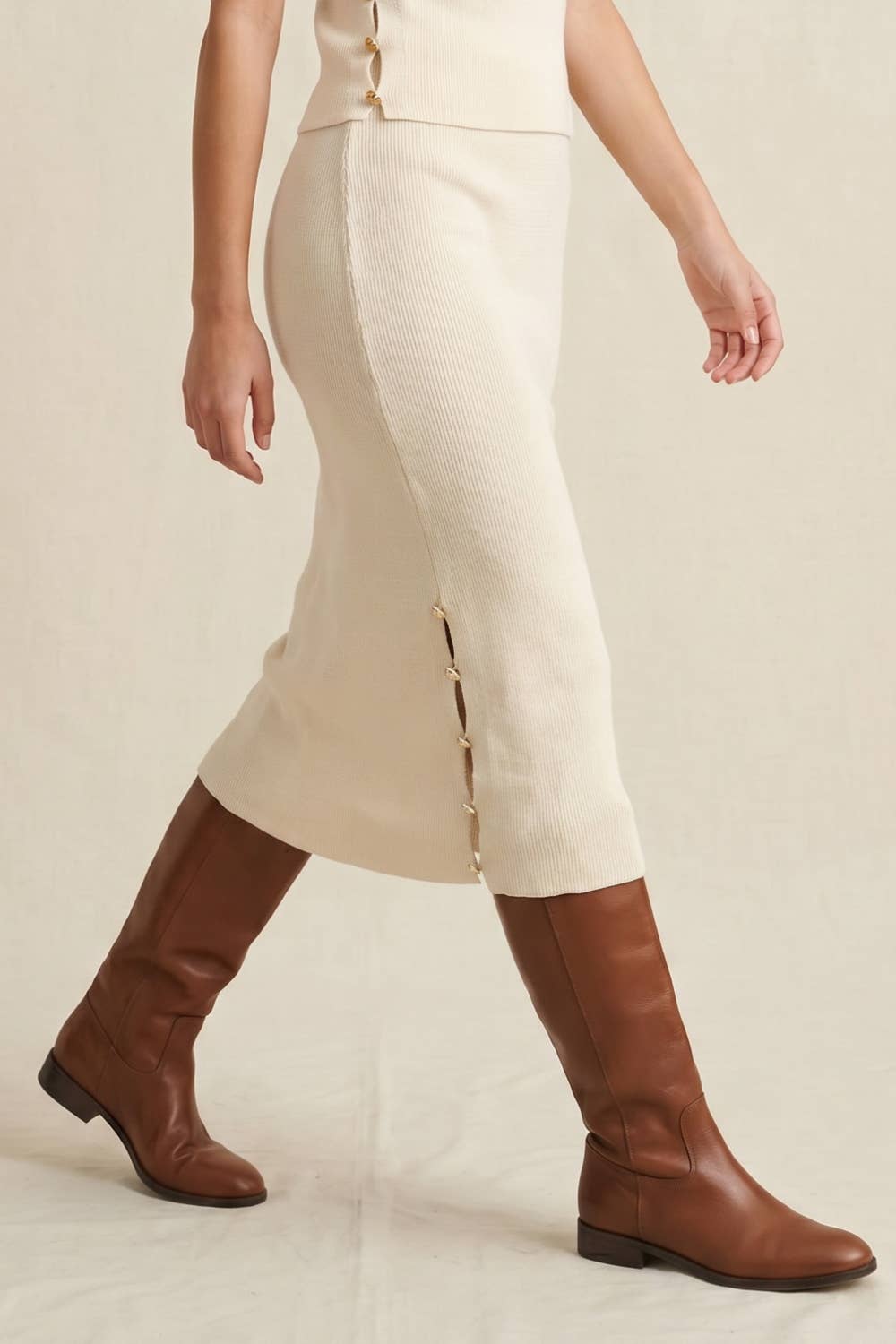 Ribbed Knit Midi Skirt with Side Gold Buttons