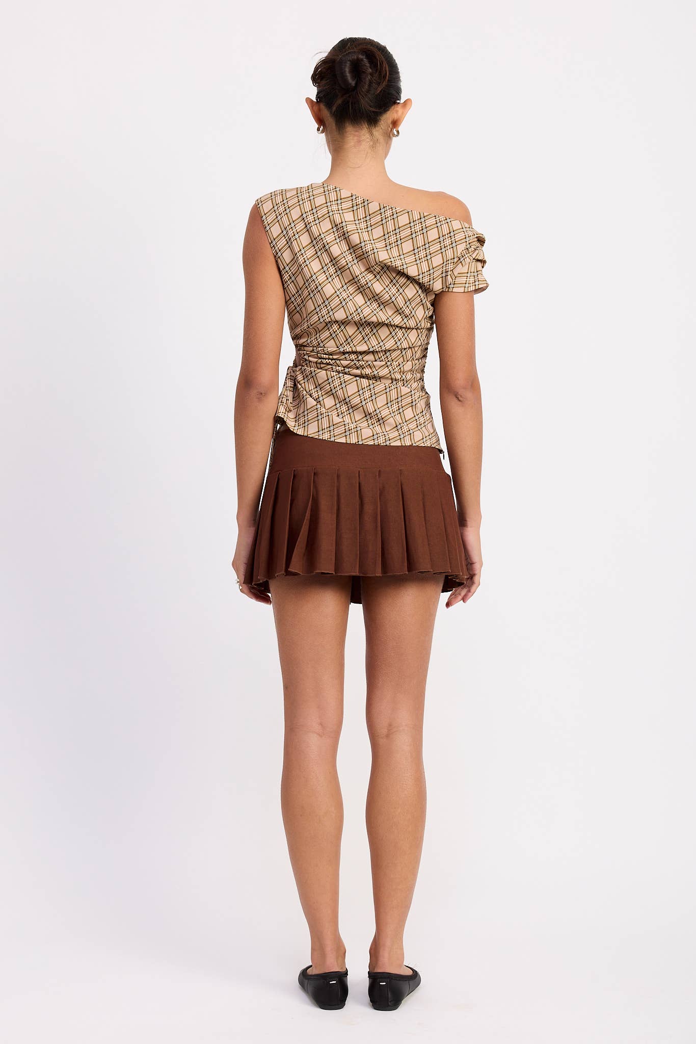 ASYMMETRIC ONE SHOULDER RUCHED PLAID TOP