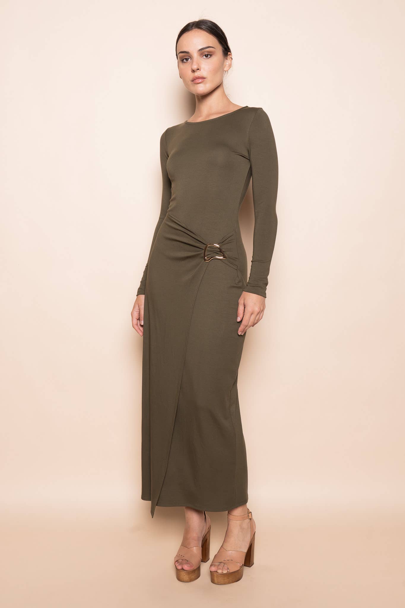 CHIC WRAP PANEL BUCKLE LONG SLEEVE MAXI DRESS-DD10840FO