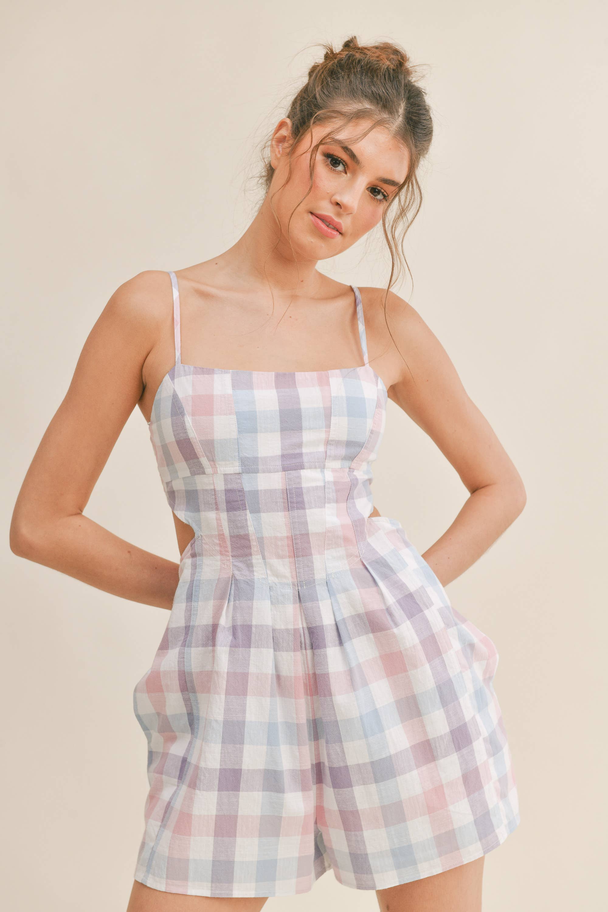 Delilah PLAID ROMPER WITH POCKETS AND CUTOUT DETAIL