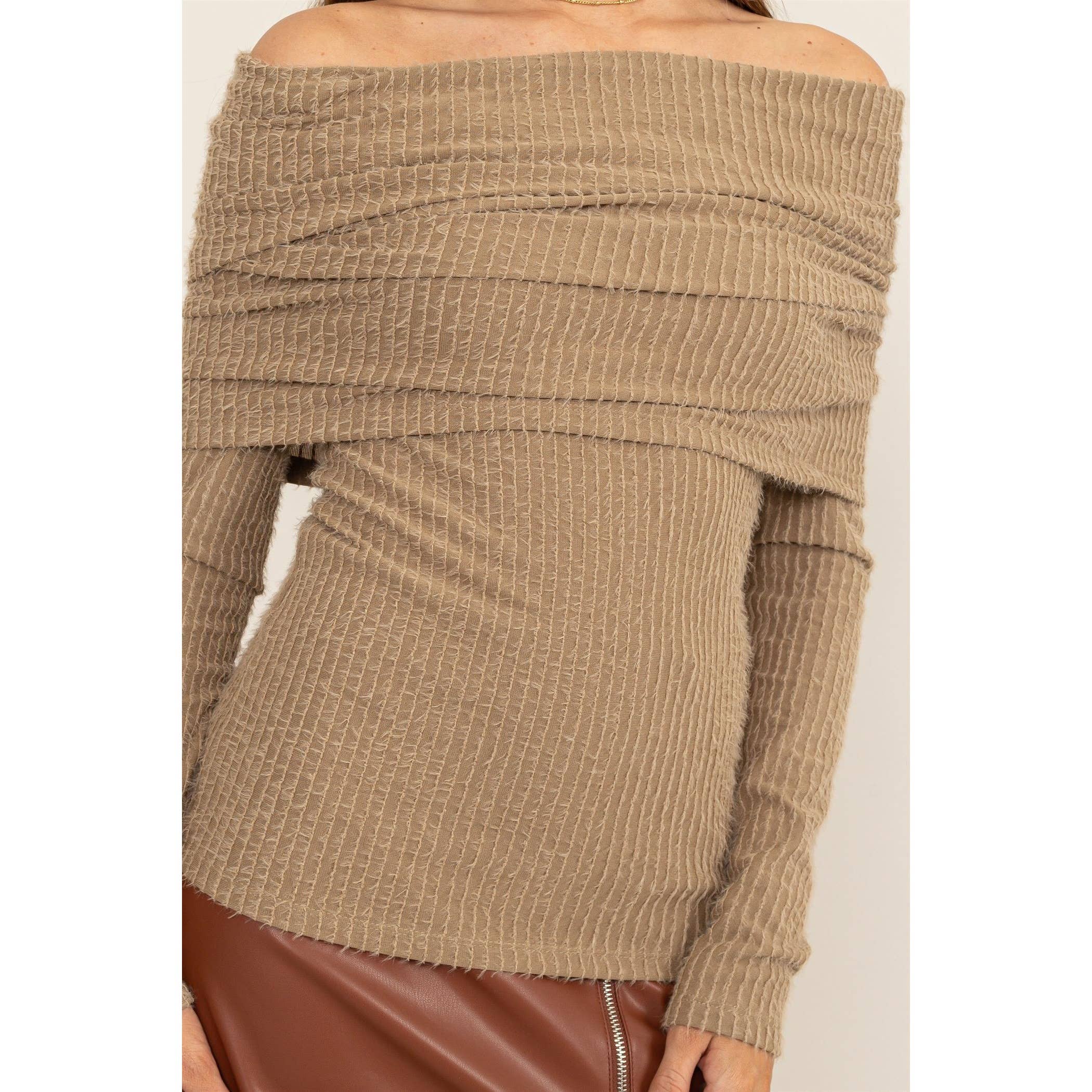 FUZZY OFF-THE-SHOULDER TEXTURED SWEATER