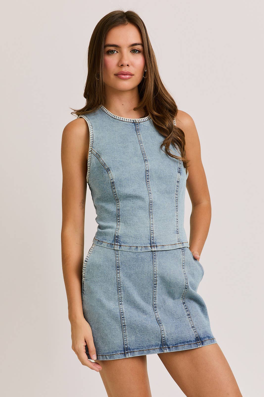 STITCH DETAIL DENIM TOP WITH LOW WAIST DENIM SKIRT