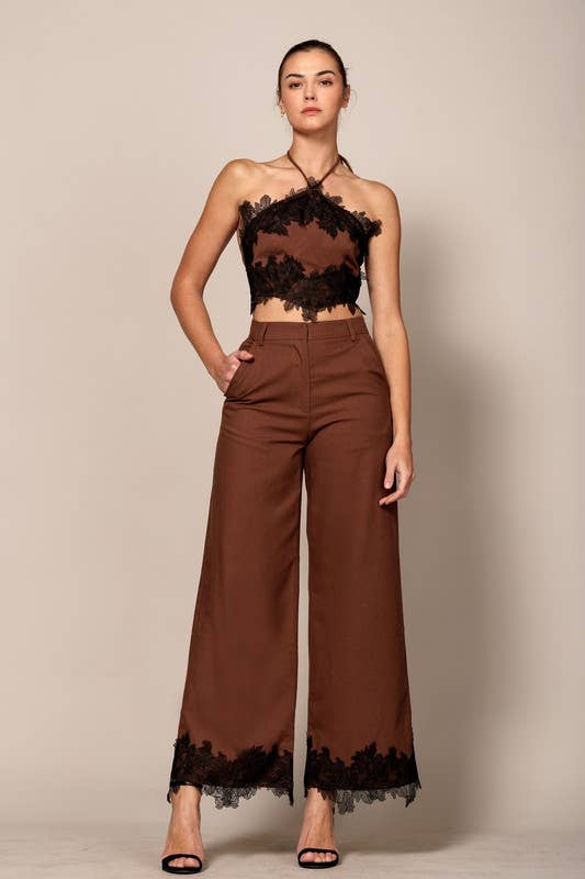 Lace Hem Wide-Leg Pants
