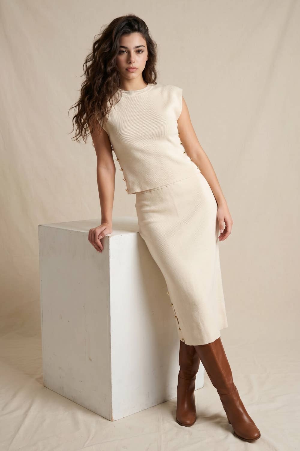 Ribbed Knit Midi Skirt with Side Gold Buttons