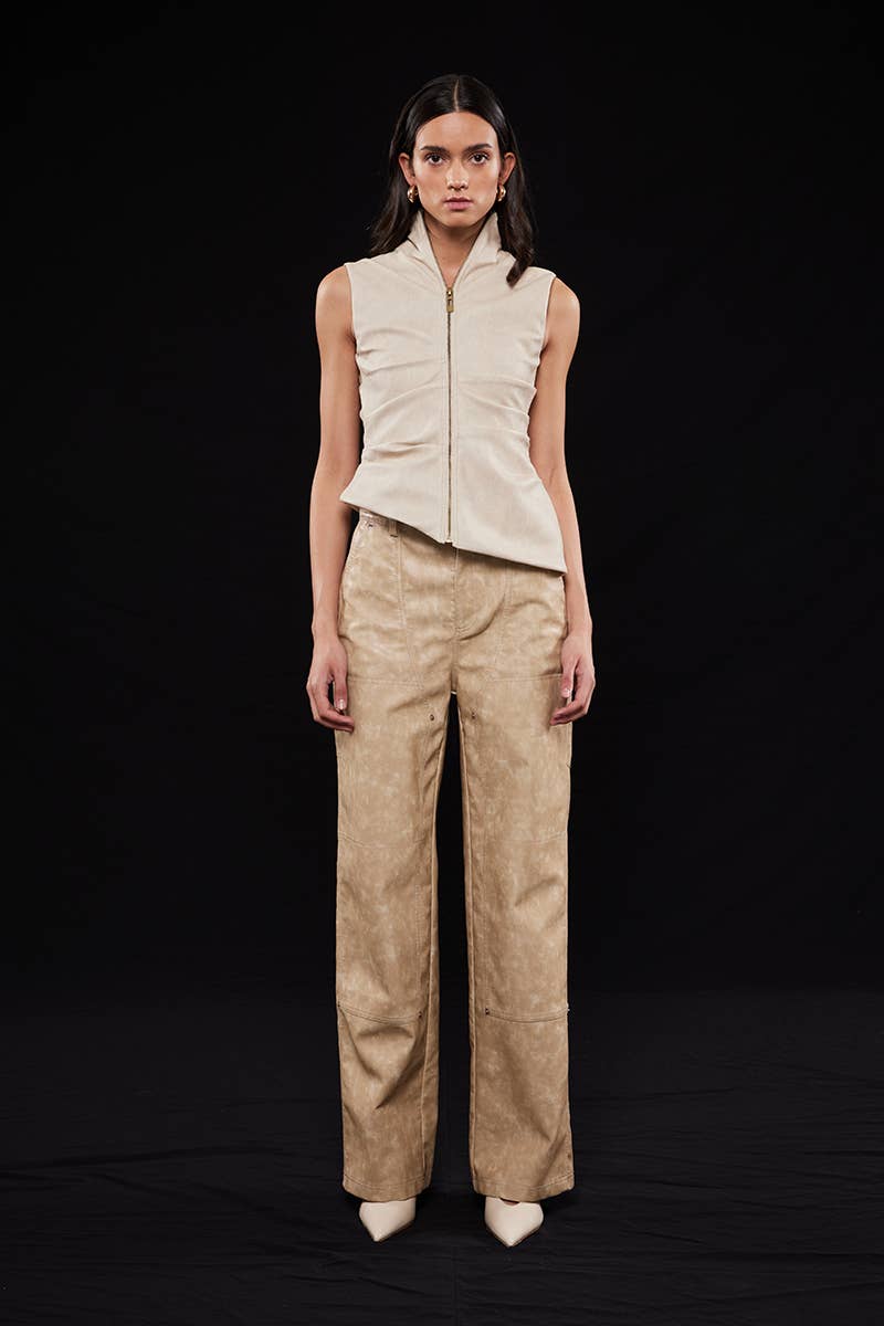 ASYMMETRIC PLEATHER MOCK NECK SLEEVELESS TOP-TI6804FO