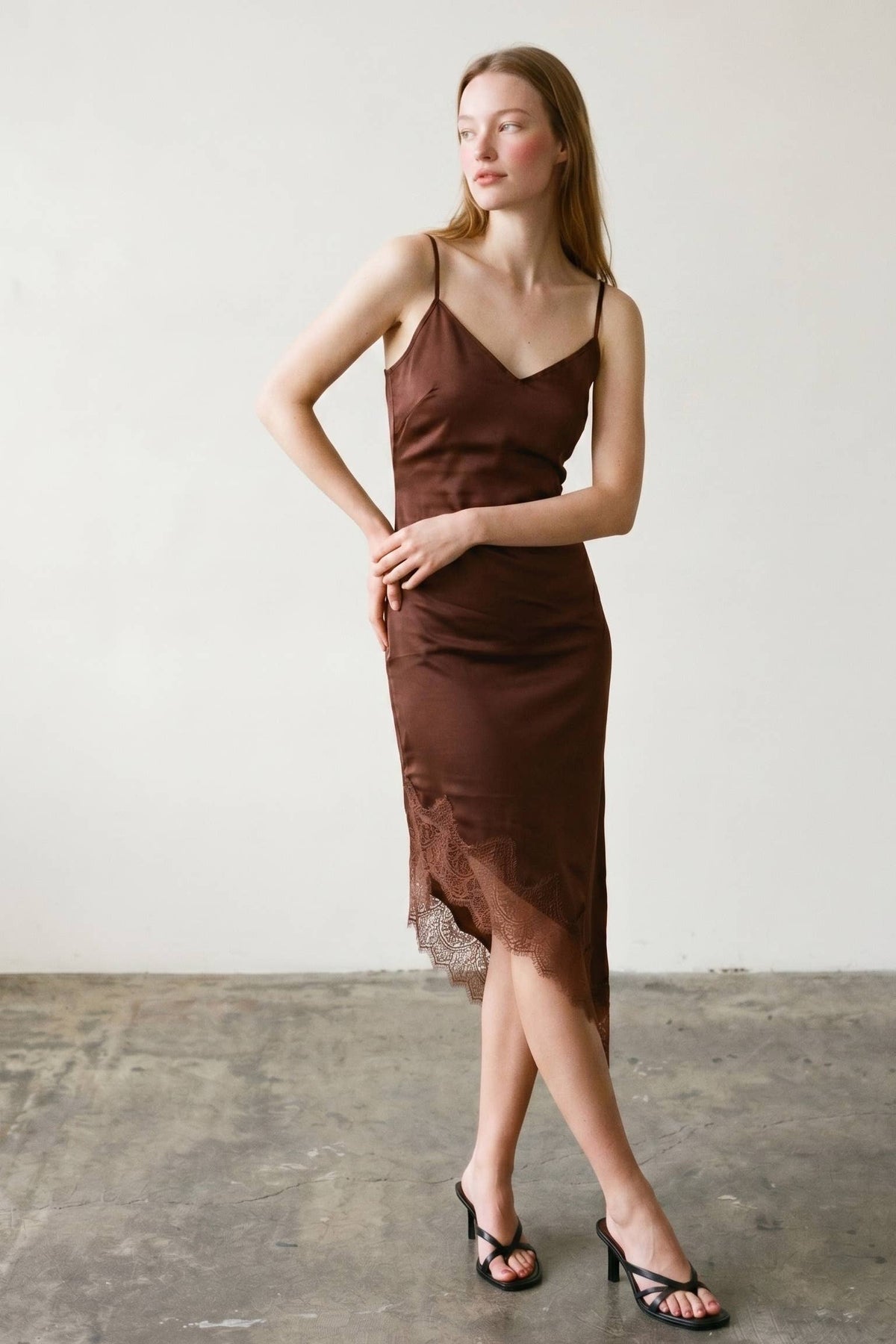 Kaelie Satin Asymmetrical Hem Lace Dress