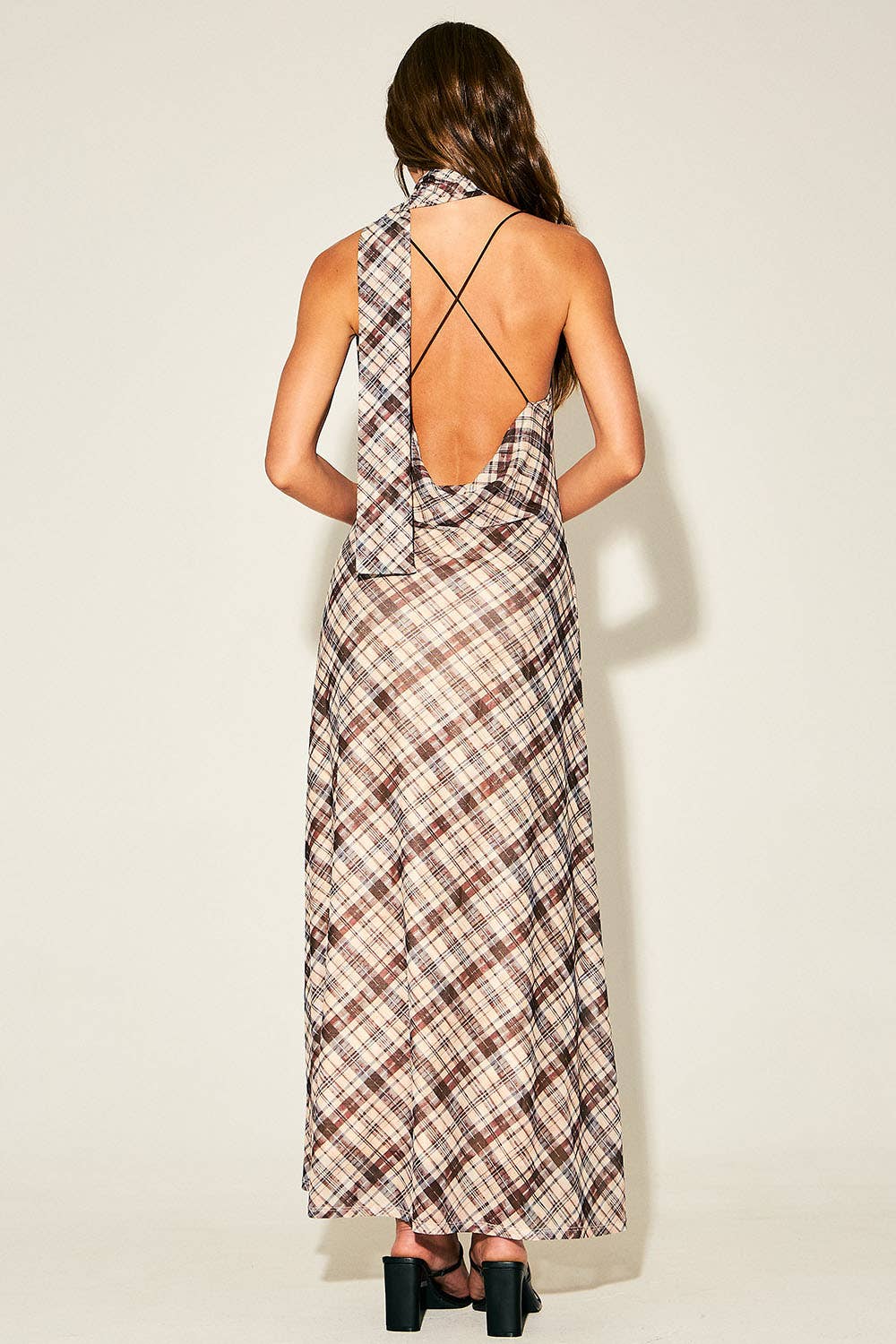 Rya Plaid Halter Neck Open Back Maxi Dress with Scarf