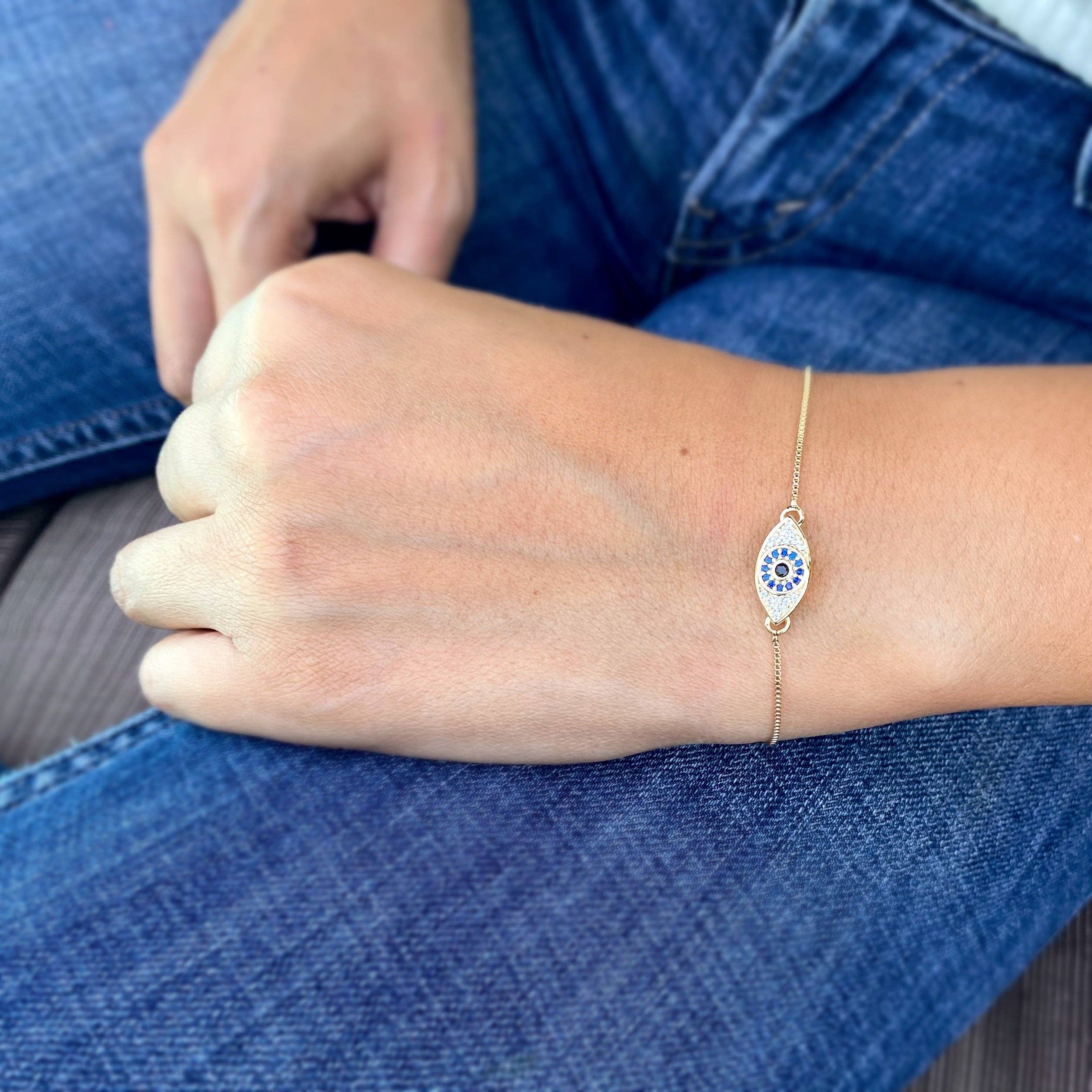 18K Gold Filled Evil Eye Bracelet with Sapphire and Clear CZ
