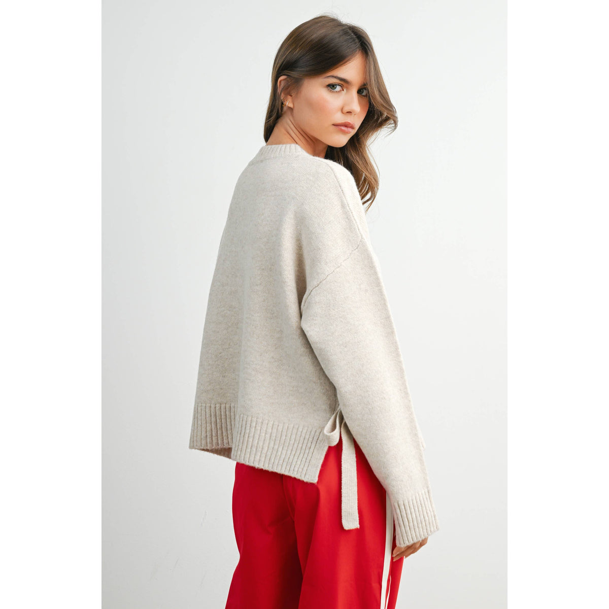 Cora Tie Split-Hem Crewneck Long Sleeve Top