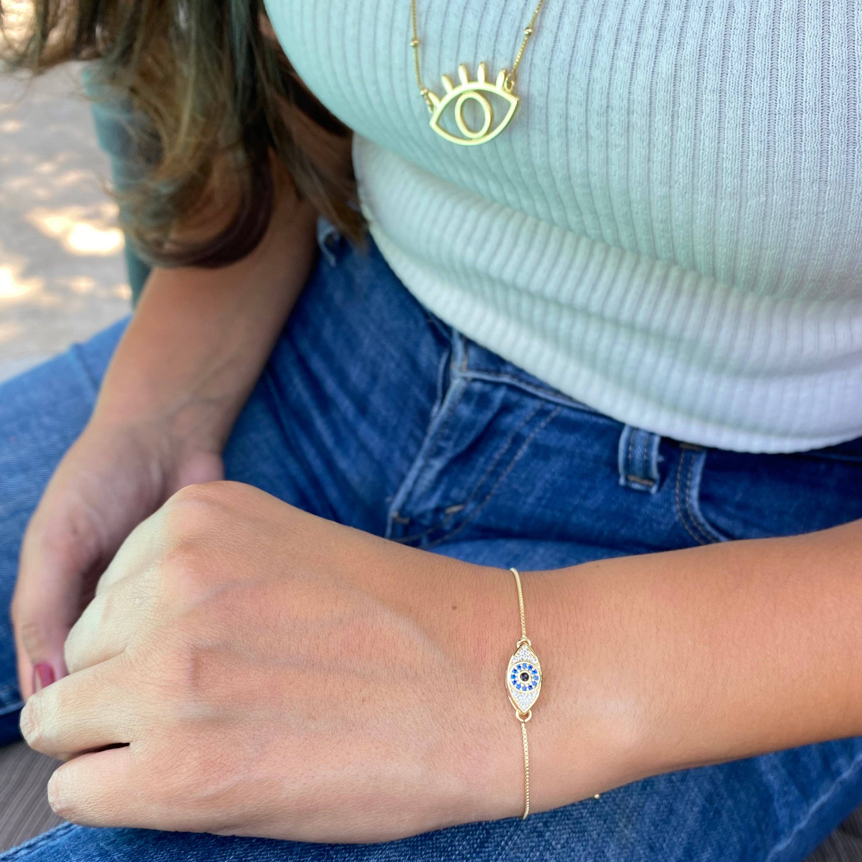 18K Gold Filled Evil Eye Bracelet with Sapphire and Clear CZ
