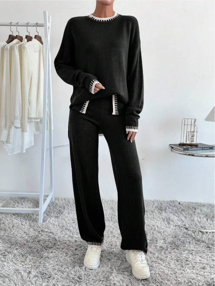 Two-piece of color-blocking sweater and trousers